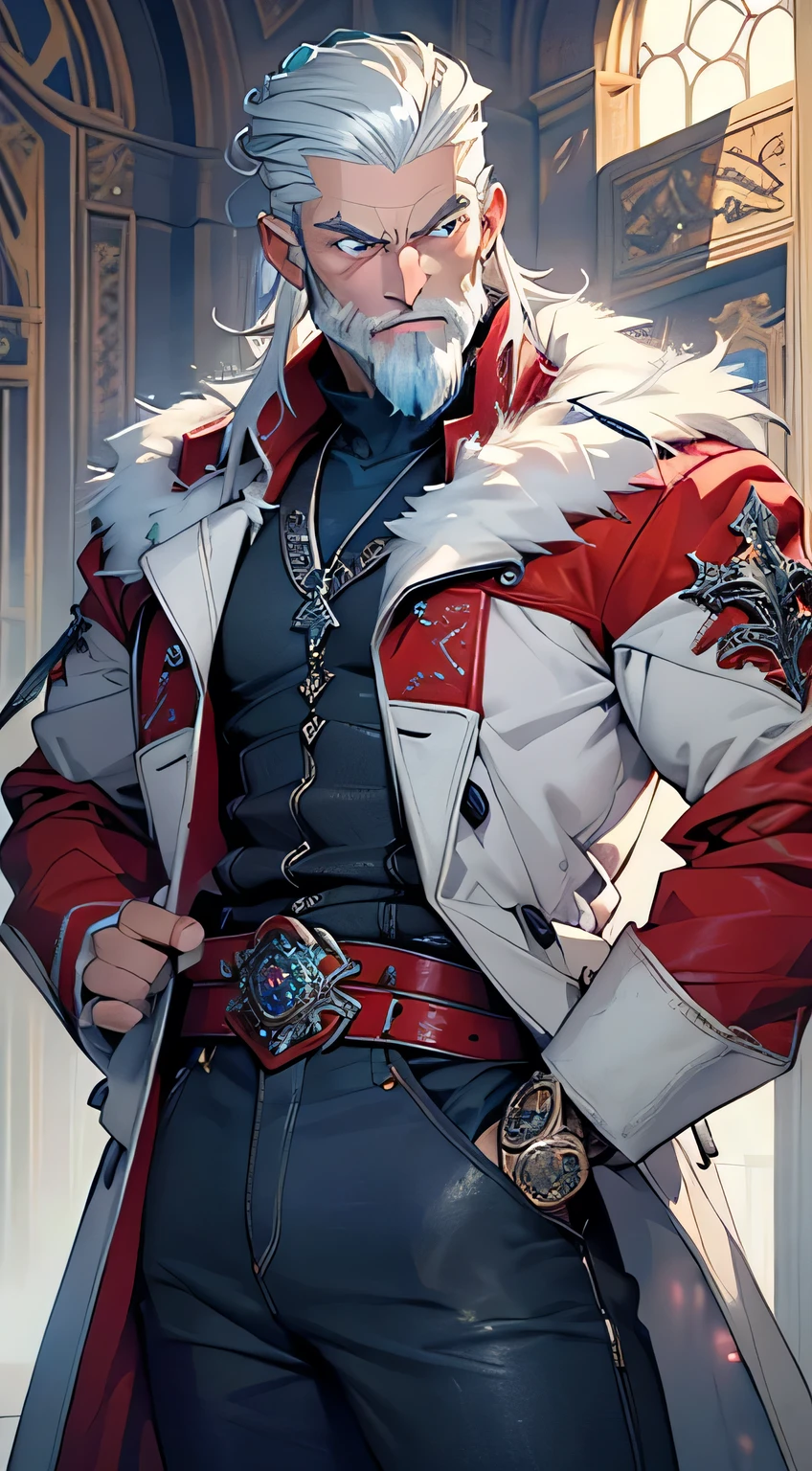 male, muscle, 1boy, big muscle, pectoral, big pectoral, muscular, Mature man,45 year old man,adult,1 man, old macho man,perfect body,an extremely delicate and beautiful detailed face, beautiful detailed eyes,long hair,(((white very short beard, silver very short beard))),(((blue_eyes:1.3))),intricate eyes,beautiful detailed eyes,symmetrical eyes, white hair,perfect face,silver hair,nice hair style,perfect proportions,thicc,((detailed face)),expressive eyes,
Viking, barbarian,(open coat,european fashion,fur coat,jeans,white shirt, masculine features,modern style,winter clothes),(((red fur coat,red fur coat outfit,wearing a red fur coat:1.3,winter red coat))),((bulge in pants)),(((intricate outfit,intricate clothes,ornate outfit))),
(dynamic pose:1.0),smiley,(centered,scale to fit dimensions,Rule of thirds),
inside,indoor,((cozy gothic room)),scenery:1.25,((intricate scenery)),((winter decorations)),Christmas tree,
(Glossy winter ornaments),highres,sharp focus,(ultra detailed,extremely detailed),(photorealistic artwork:1.37),(extremely detailed CG unity 8k wallpaper),(((vibrant colors,vibrant theme))),(intricate),(masterpiece),(best quality),