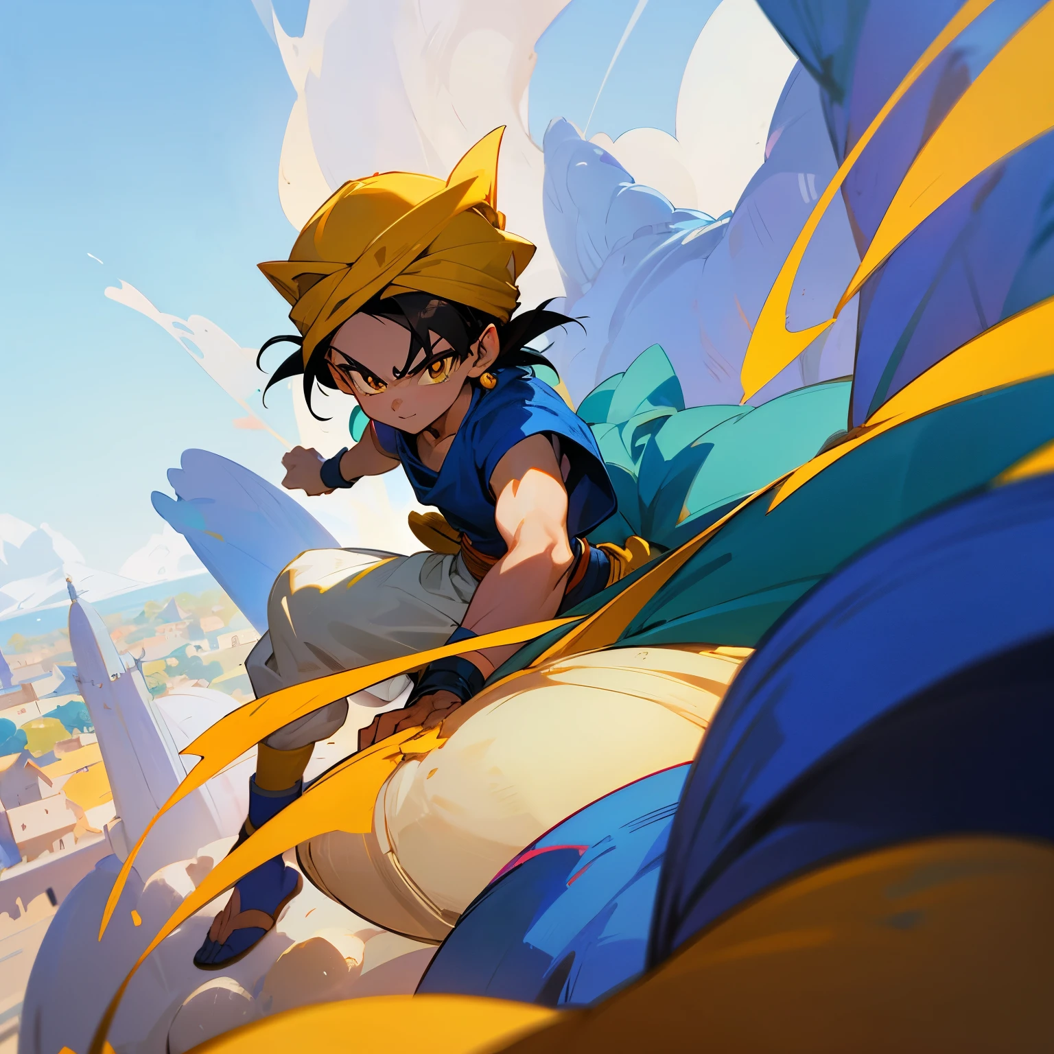 Aladdin、cool、Dragon Ball Style、boy, Yellow Eyes, Black hair,White skin,Arabian white turban,Dynamic Angle,highest quality, highest quality, High-quality illustrations, masterpiece, Ultra-high resolution, Detailed Background, Detailed Background, Observe the audience