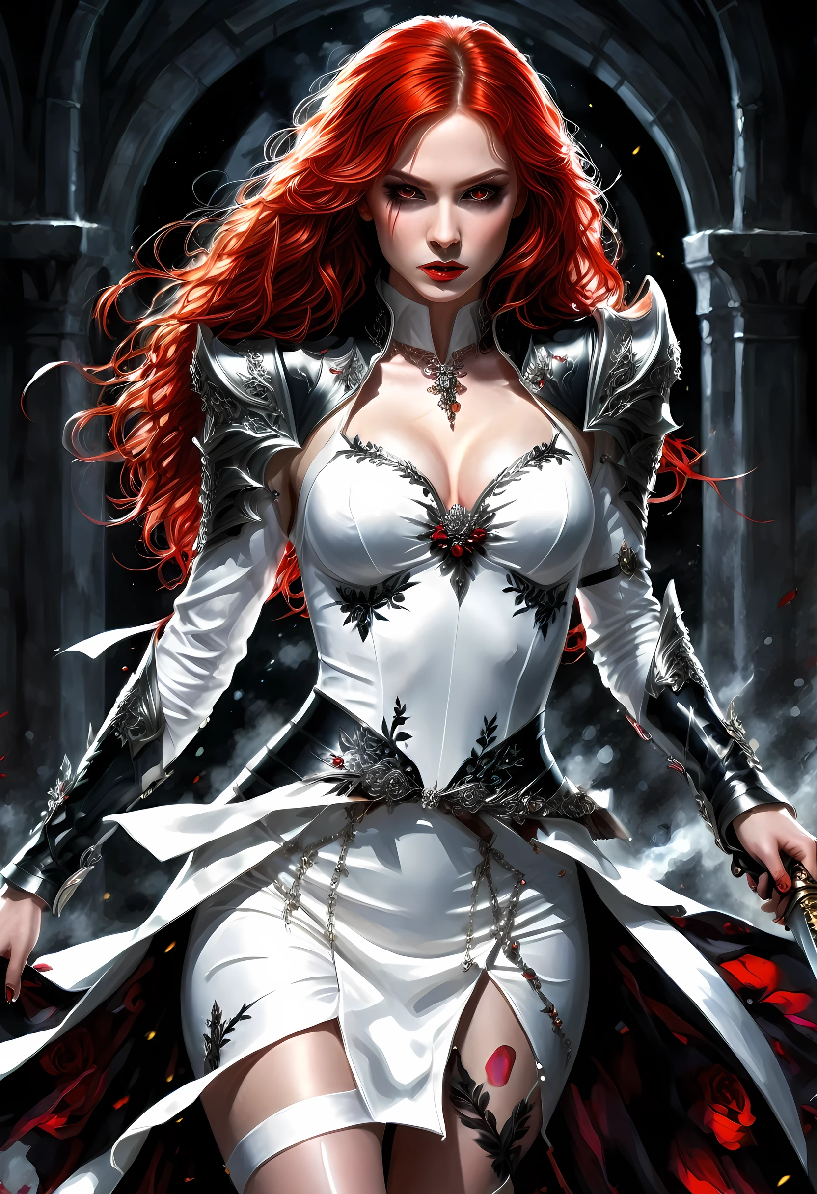 Arafed, action shot, Dark fantasy art, fantasy art, goth art, a picture of a female vampire, exquisite beauty, full body shot, dark glamour shot, pale white skin, red hair, long hair, wavy hair, dynamic eyes color eyes, glowing eyes, she wears a ((white: 1.3)) white tight suit, Armored Dress, she holds a sword in hand, (ready for battle: 1.4) , ((black roses: 1.5)) are imprinted on the suit, high heels, dark castle, dark, black and color, Dark Art Painting Style, flower dress, dark novel, flower dress, female swordman