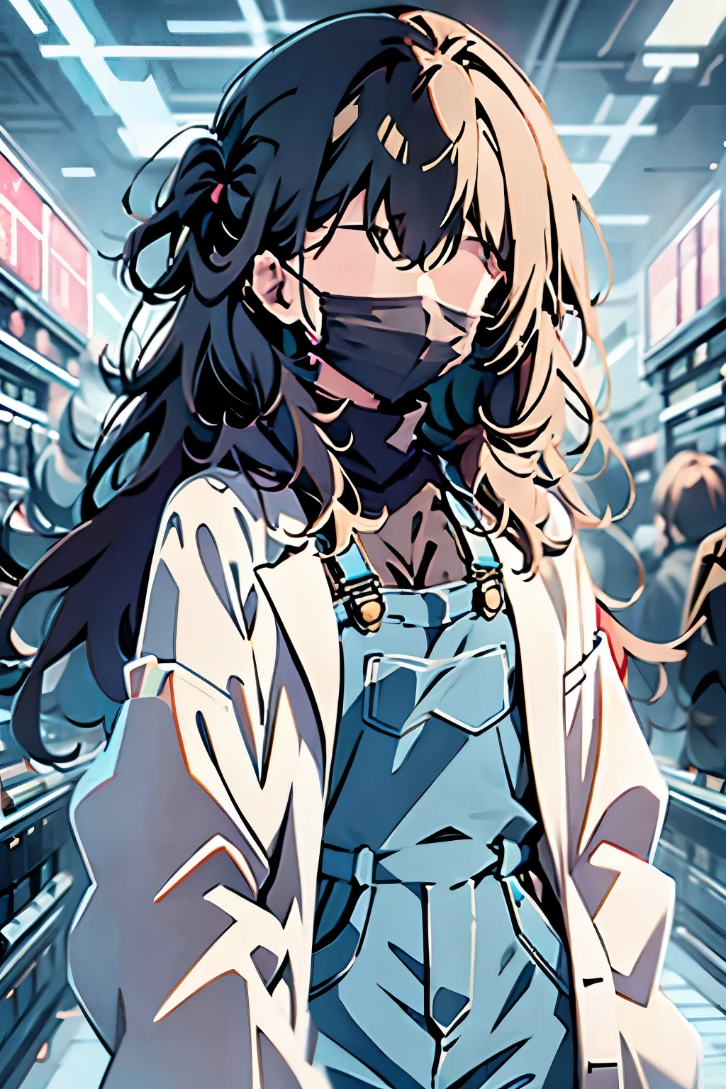 woman, overalls, lab coat, long twin tails, mask