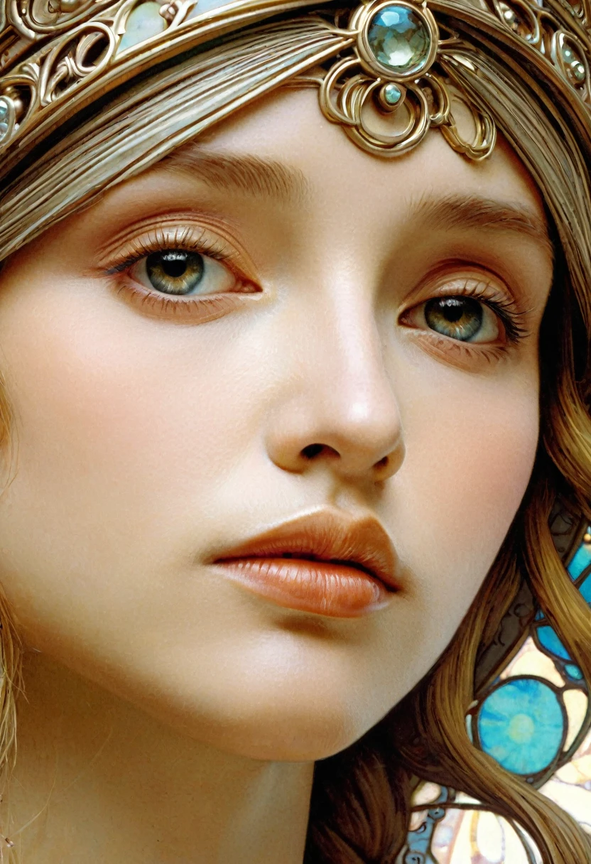 Close-Up of Face, by Alphonse Mucha, best quality, masterpiece, very aesthetic, perfect composition, intricate details, ultra-detailed