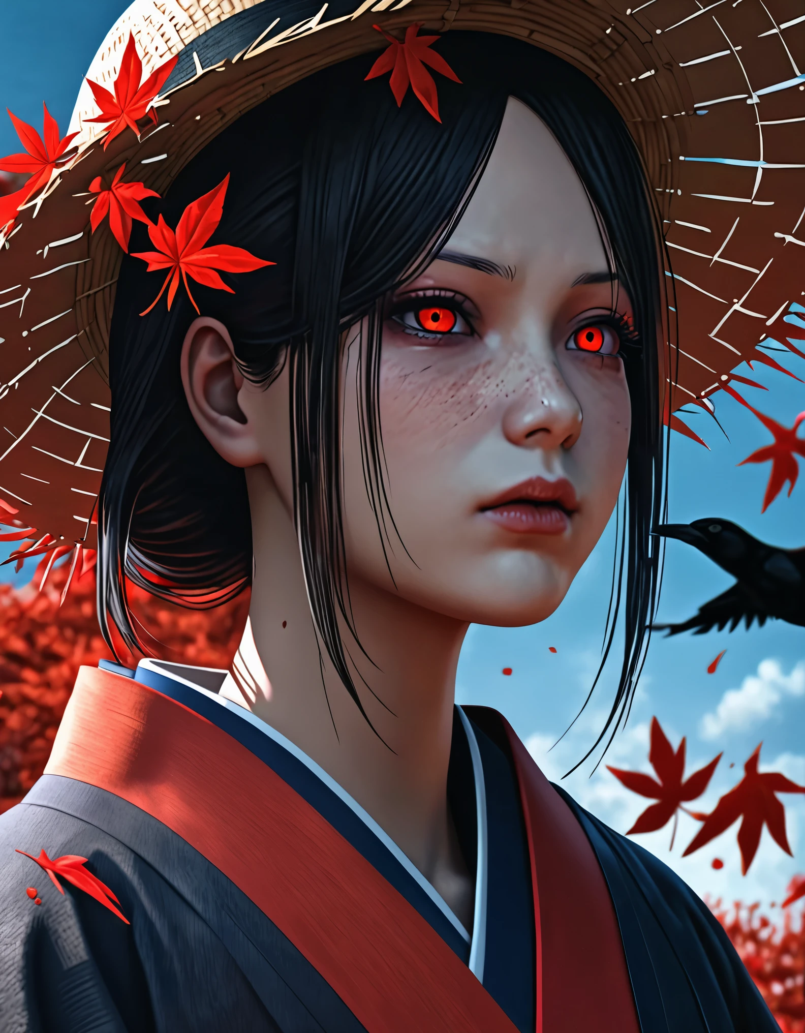 Itachi uchiha, dark hair and straw hat, surrounded by red leaves and crows, holding a churiken, wearing akatsuke kimono, red and blue sky with red leaves falling, (best quality,4k,8k,highres,masterpiece:1.2),ultra-detailed,(realistic,photorealistic,photo-realistic:1.37),portrait,fantasy,detailed face,beautiful detailed eyes,beautiful detailed lips,extremely detailed eyes and face,long eyelashes,vivid colors,dramatic lighting,moody atmosphere,cinematic,epic scale