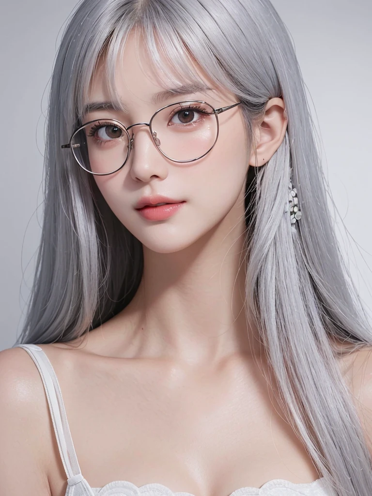 Masterpiece, best picture quality, high quality, beautiful woman, Japanese, popular Korean makeup, detailed, swollen eyes, detailed eyes, detailed skin, beautiful skin, ultra high resolution, (reality: 1.4),very beautiful, slightly younger face, beautiful skin, slender, (ultra realistic), (illustration), (high resolution), (8K), (very detailed) (best illustration), (beautifully detailed eyes), (super detailed), (wallpaper), (detailed face), looking at viewer, fine details, detailed face, pureerosfaceace_v1, smiling, looking straight ahead, looking straight ahead, angle from waist up, realistic photo, bright lighting, professional lighting, (white hair) (some of hair part hair), long hair, gorgeous white dress, mature woman, long stylish bangs, (with round glasses)