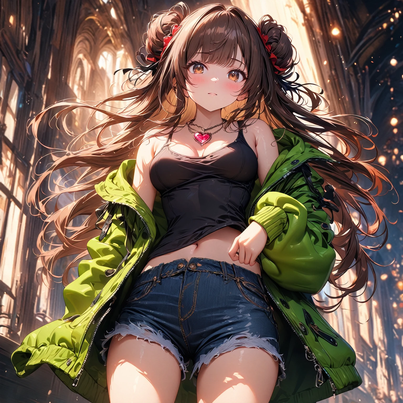 (best quality, top details, high quality, detailed, highest quality, 4k, 8k resolution, highres, ultra fine painting, masterpiece:1.2), cinematic, digital art, 8k CG wallpaper, detailed background, absurd, epic lighting, RAW photo, POV shot, professional photography, good lighting, soft light, soft colors, looking at viewer, detailed lights and shadows, niji style, stylish, ultra, ultra-detailed, trending art, master crafted, blurry background, pose, (top quality, details), solo, 1 girl, A nervous girl, (medium breasts:1.2), tight bust, flushtered, nice hips, nice body, casual, innocent , (cute, slim, nervous face), brown hair, long flowing hair, twin buns hairstyle, long bangs, (long hair), middle hair bangs, brown eyes, full body, ((black string tanktop:1.2), off shoulder green open hoodie, shorts, big red gem heart necklace)