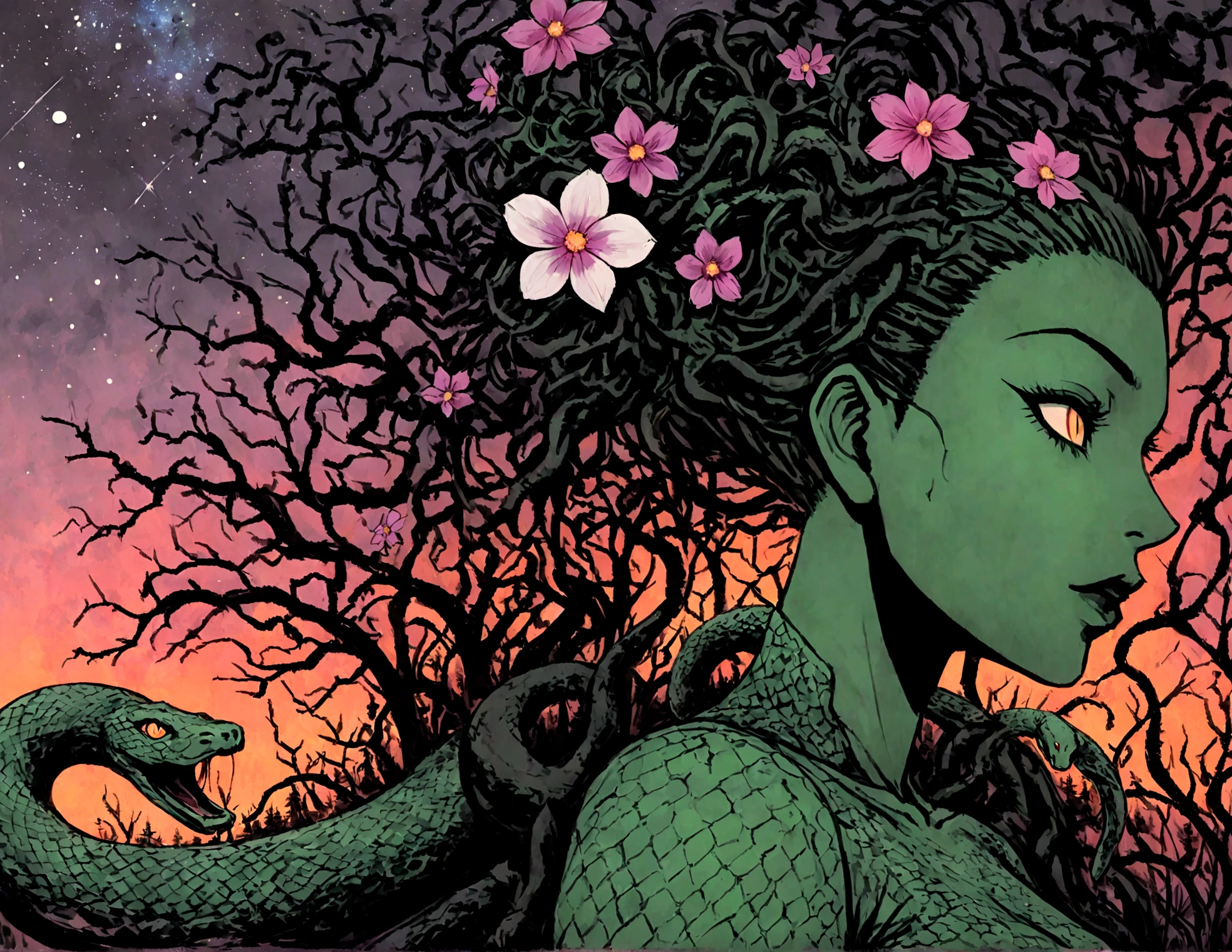 Medusa, splash page decompressed comic cover art, ink style figure, ((expressive Joelle Jones and "Sean Gordon Murphy" comic drawing)), wordless, cinematic poster, abyss void black no visibility darkness, forest green, earth brown), morphology anatomy drawn Frederic Delavier musculature anatomical illustration, (face, ornate black metal corpse paint, resembles Grace Jones), full length portrait, colors, bleak muted deep fiery radiant glowing ROYGBIV, (background, pine barrens, entropy, rewilding, magic hour sunset, galaxy stars, cosmos), candid, snake skin dress, (body, Naga, snakefolk, lower body snake tail, snake woman hybrid, bald, hairless, skeleton, snake skin tattoos, piercing eyes, snake pupils, over the shoulder), craftsmanship nuance, (Gerardo Zaffino charcoal), (horror, abstract, surreal, body, cosmic), subliminal orchids, nyctophobia, silhouette, double exposure, image within image,
