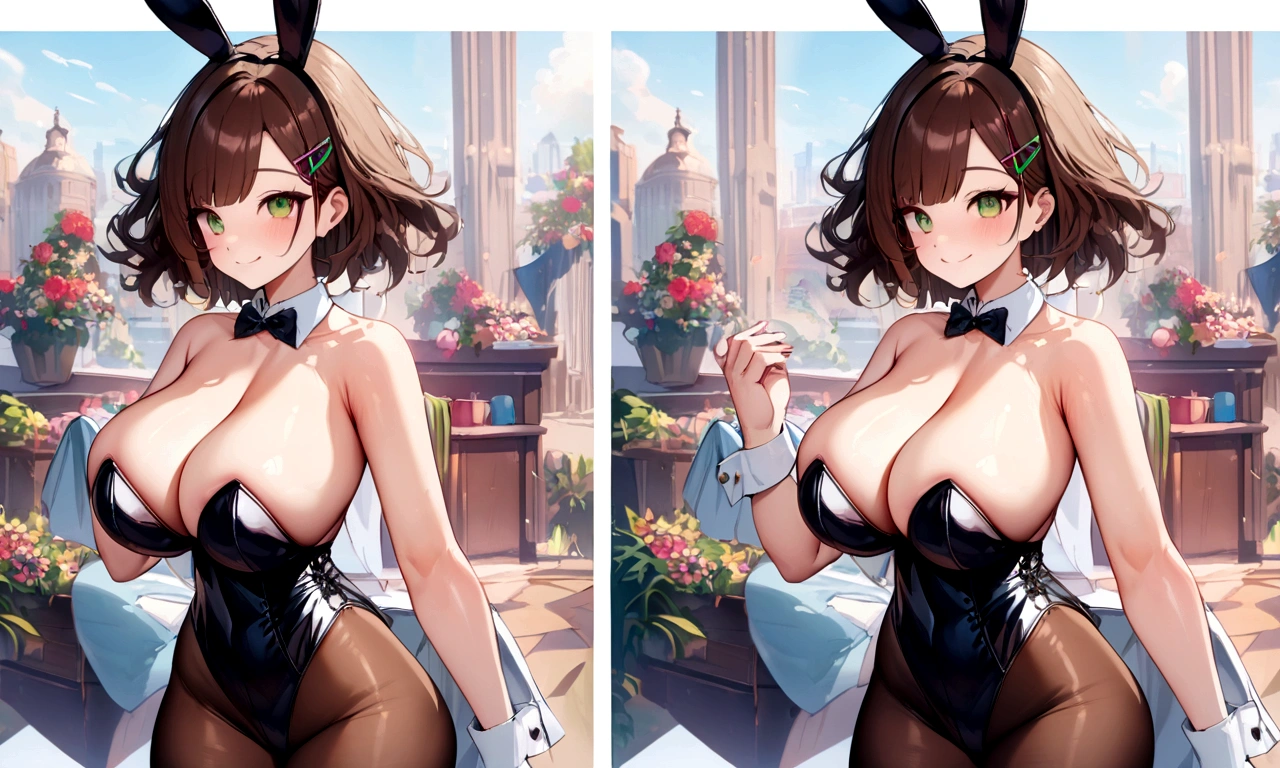 Ai_Chan, Brown short hair, green eyes, bangs, disheveled hair, hairclip, huge breasts, pantyhose, playboy bunny, bare shoulders, smile, cowboy shot, perfect anatomy, highly detailed, HD, 4K, Masterpiece, highres