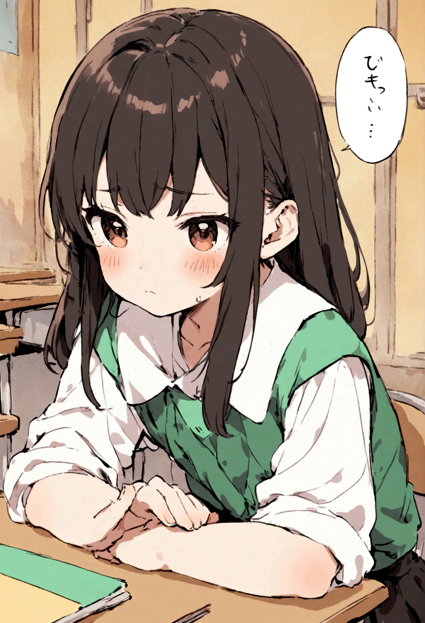 9 years old girls in the classroom looking disgusted, ((cute))