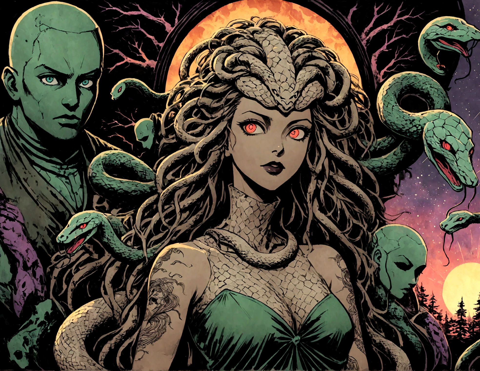 Medusa, splash page decompressed comic cover art, ink style figure, ((expressive Joelle Jones and "Sean Gordon Murphy" comic drawing)), wordless, cinematic poster, abyss void black no visibility darkness, forest green, earth brown), morphology anatomy drawn Frederic Delavier musculature anatomical illustration, (face, ornate black metal corpse paint, resembles Grace Jones), full length portrait, colors, bleak muted deep fiery radiant glowing ROYGBIV, (background, pine barrens, entropy, rewilding, magic hour sunset, galaxy stars, cosmos), candid, snake skin dress, (body, Naga, snakefolk, lower body snake tail, snake woman hybrid, bald, hairless, skeleton, snake skin tattoos, piercing eyes, snake pupils, over the shoulder), craftsmanship nuance, (Gerardo Zaffino charcoal), (horror, abstract, surreal, body, cosmic), subliminal orchids, nyctophobia, silhouette, double exposure, image within image,
