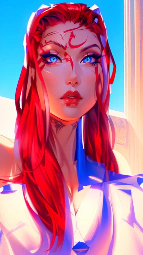 master piece, 8k detail, beautiful woman, full shinny red hair, blue eyes, glossy pouty lips, button nose, pretty face, RED Greek letter tattoo on her forehead, no other tattoo's on her body or face, white back ground, sunlight to her side at 2 oclock..