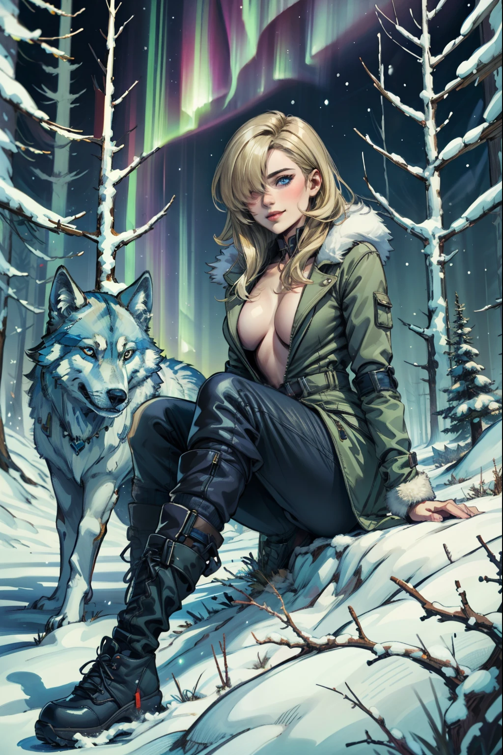 (masterpiece, best quality:1.2), solo, 1girl, hair over one eye, blue eyes, cleavage, Gentle smile, Winter coat (white), pants, Winter forest, aurora borealis, Night, Wolf,