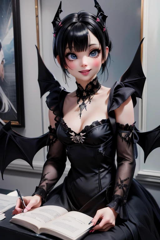 // Pose
Close_up,
// Style
medium breasts, gothic victorian (short) dress, demon wings, Fluorescent wings, beautiful detailed skin, (cute:1.2), (black hair), (depth of field),soft light, Lens Glow,
// Features
smiling, floating hair,
// Character
movie scene, cinematic, full colors, 4k, 8k, 16k, RAW photo, masterpiece, professionally color graded, professional photography,
female angel, hair up, consider,(blush,open mouth)1.3,soft clean focus, realistic lighting and shading, (an extremely delicate and beautiful art)1.3, elegant,active angle,dynamism pose,
// Fashion
(blackhair), black(demon wings), (Fluorescent wings ), sylver necklace, sylver earrings, sparkling eyes, intrincated hairstyle, soft (blue eyeshadows),
// Quality
RAW photo, portrait, best quality, high res,
// Features
gothic victorian (short) dress,

