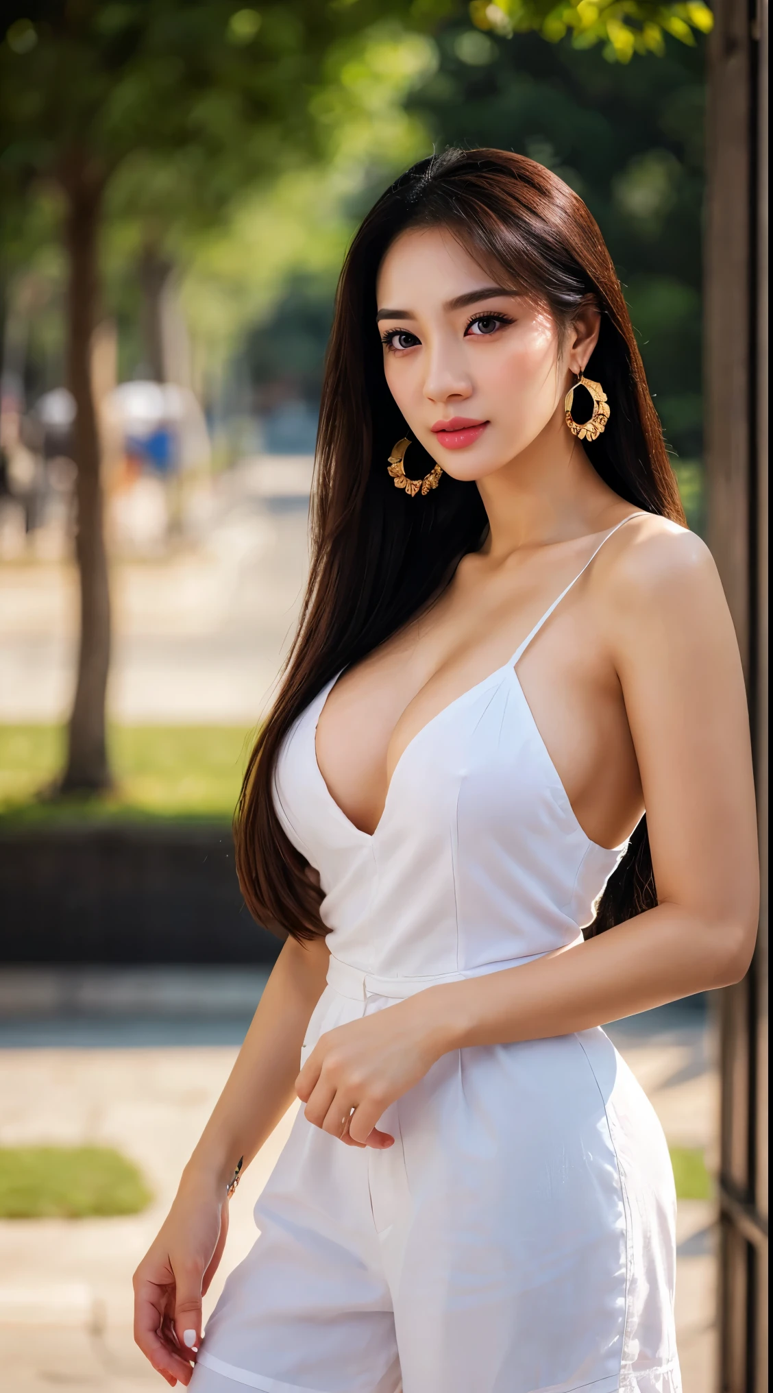 highres, 4k, HDR, 1girl, photorealistic, realistic, detailed skin, thin facial features, yangmi, heavy makeup, standing, half body, medium breasts, earrings, 