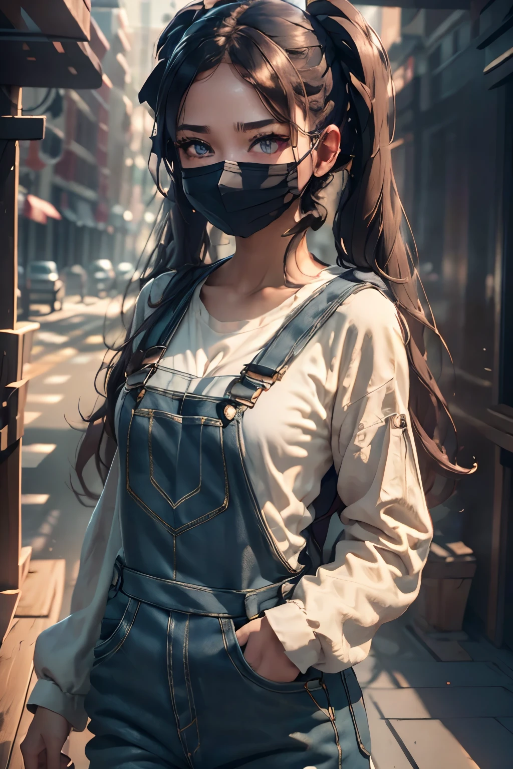 A woman in overalls and a lab coat, with long twin tails and a mask, (best quality,4k,8k,highres,masterpiece:1.2),ultra-detailed,(realistic,photorealistic,photo-realistic:1.37),detailed facial features, beautiful detailed eyes, beautiful detailed lips, extremely detailed eyes and face, long eyelashes, science laboratory, advanced technology, futuristic, intricate details, cinematic lighting, warm color palette, dramatic shadows
