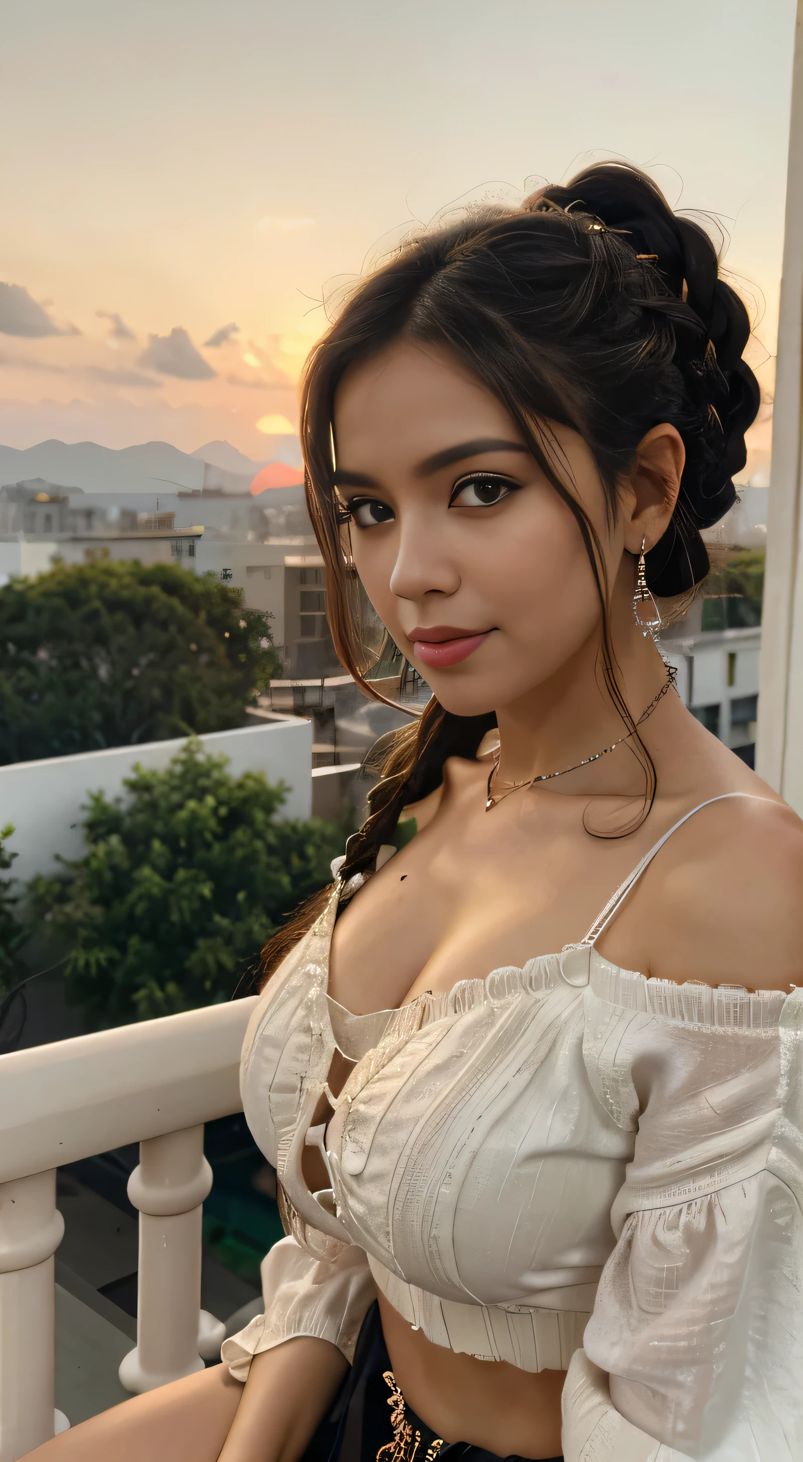City at sunset,eu'the actress is a very beautiful western adult woman..... mini saia com babados em renda de bilros,rosto sexy, Bolsa de cinto, Big Baggy Bobbin Lace Off Shoulder V-Neck Sweater . sorriso feliz.rosto sexy, (cabelo prateado、Twisted ponytail buns adorned with elaborate braids and beads,Fishbone braided hair,),(eues franges sont des franges transparentes),(grampo、rabo de cavalo、cabelo solto、),.(Great emphasis:1.3),Use the sunset as lighting,cinematic light,(mesa,maximum quality,Ultra high resolution output image,) ,(Qualidade 8k,),(modo arte marin 2:1.3),,(Modo de imagem Ultra HD,)