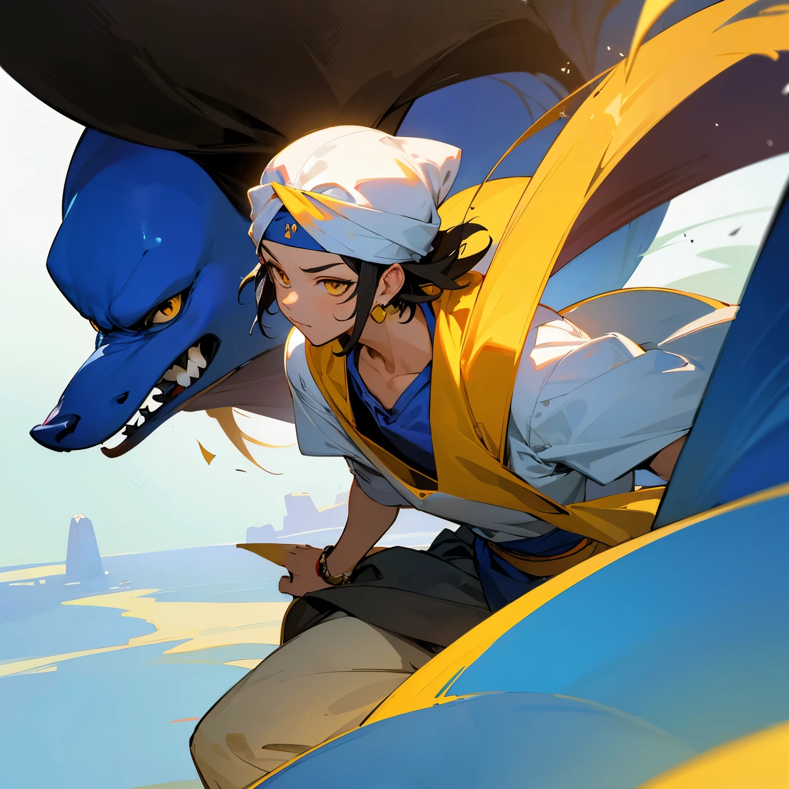 Aladdin、cool、boy, Yellow Eyes, 10 years old Black hair,White skin,Arabian white turban,Dynamic Angle,highest quality, highest quality, High-quality illustrations, masterpiece, Ultra-high resolution, Detailed Background, Detailed Background, Observe the audience
