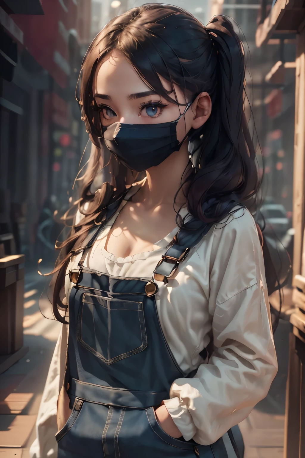 A woman in overalls and a lab coat, with long twin tails and a mask, (best quality,4k,8k,highres,masterpiece:1.2),ultra-detailed,(realistic,photorealistic,photo-realistic:1.37),detailed facial features, beautiful detailed eyes, beautiful detailed lips, extremely detailed eyes and face, long eyelashes, science laboratory, advanced technology, futuristic, intricate details, cinematic lighting, warm color palette, dramatic shadows