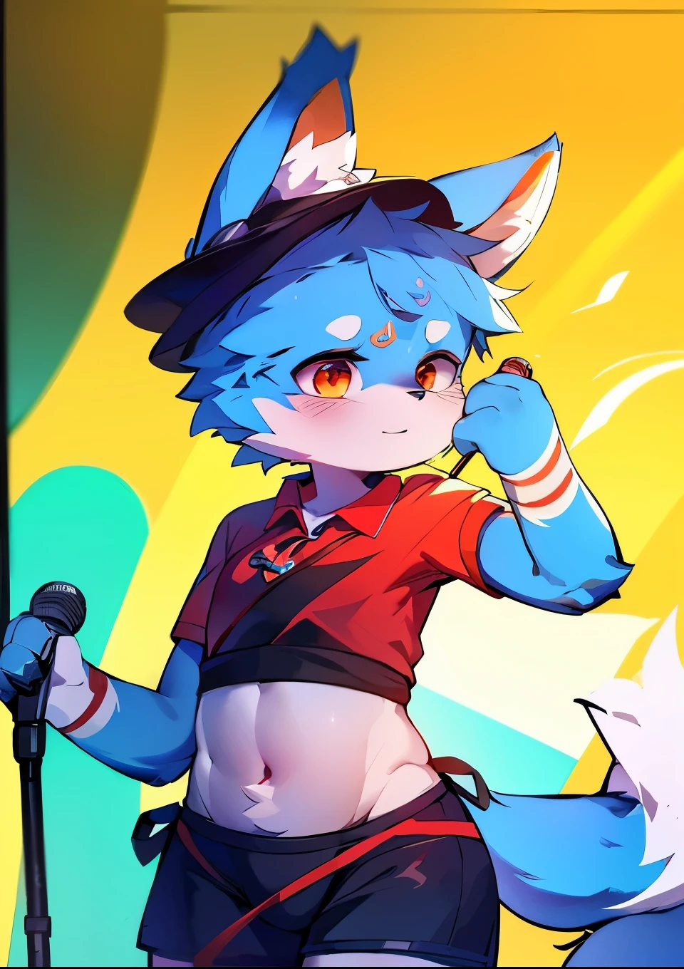 Blue fur, Canine, fox motif, boy, tall,Age: 15,K-pop idol style,Dancing,Music programs,Street fashion,Stage Live,Group of 4,I have a microphone.,comics,Wearing a red collar,
