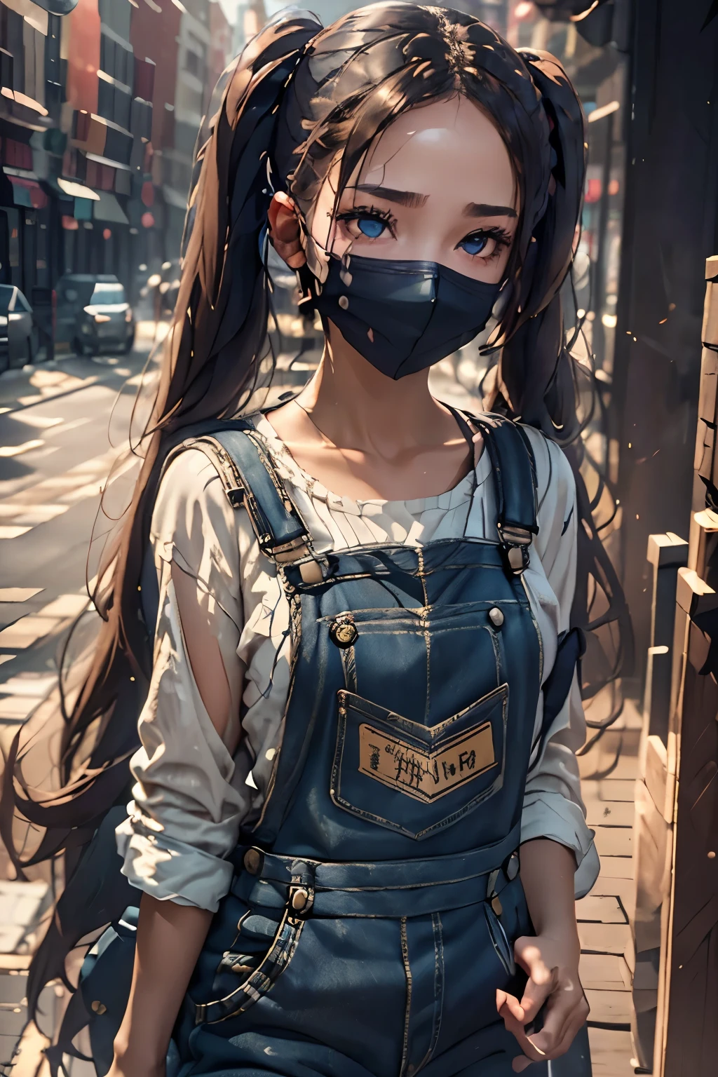 A woman in overalls and a lab coat, with long twin tails, (best quality,4k,8k,highres,masterpiece:1.2),ultra-detailed,(realistic,photorealistic,photo-realistic:1.37),detailed facial features, beautiful detailed eyes, sexy, extremely detailed eyes and face, long eyelashes, science laboratory, advanced technology, futuristic, intricate details, cinematic lighting, warm color palette, dramatic shadows