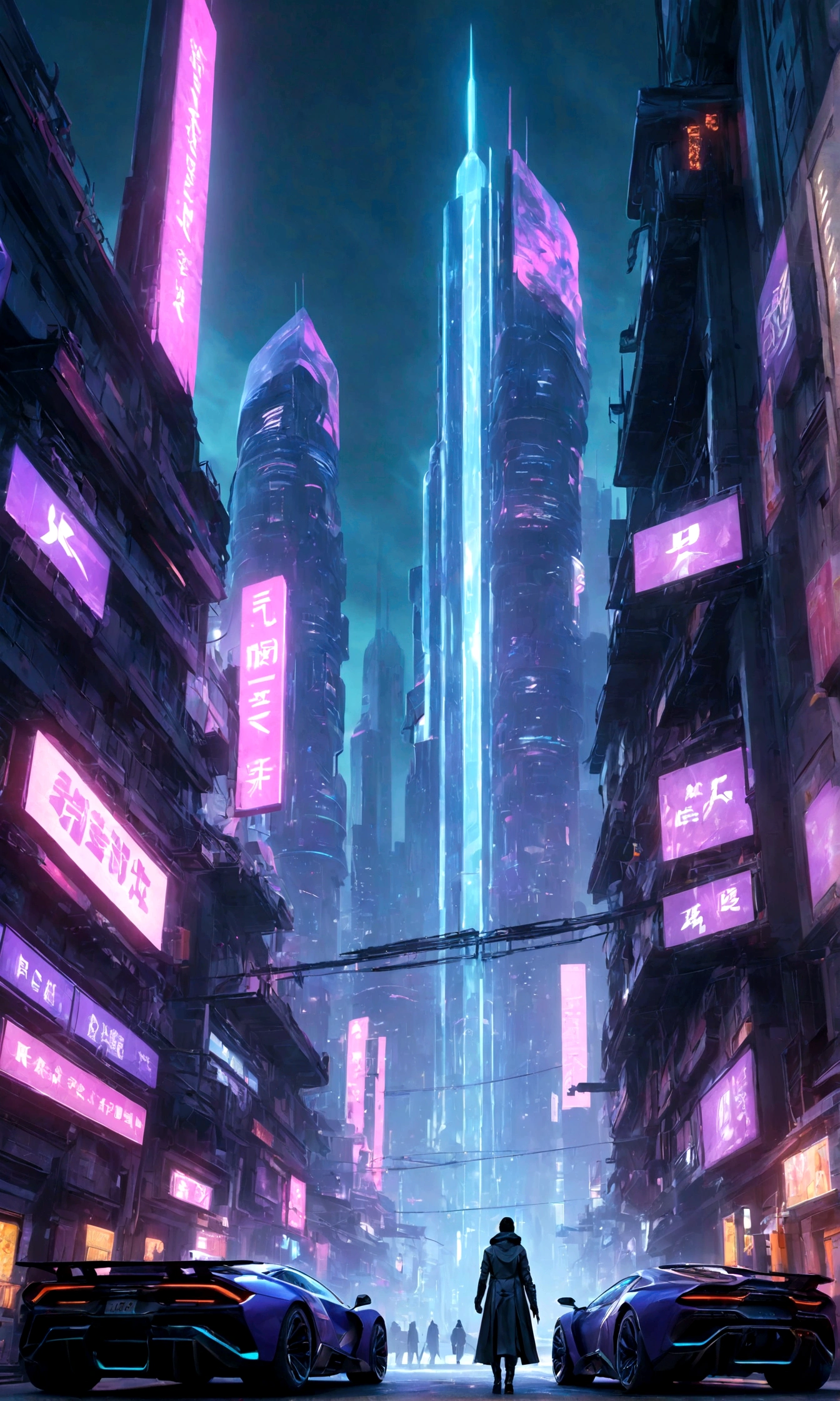 A futuristic city, towering skyscrapers, neon lights, hovercraft, flying cars, advanced technology, cyberpunk, cinematic lighting, moody atmosphere, dramatic shadows, metallic textures, glass and steel, glowing displays, holographic projections, sleek architecture, minimalist design, retrofuturistic aesthetic, cool color palette, blue and purple tones, cinematic angles, dramatic poses, urban exploration, dystopian future, best quality,8k,highres,masterpiece:1.2,ultra-detailed,realistic,photorealistic,photo-realistic:1.37,HDR,UHD,studio lighting,ultra-fine painting,sharp focus,physically-based rendering,extreme detail description,professional,vivid colors,bokeh