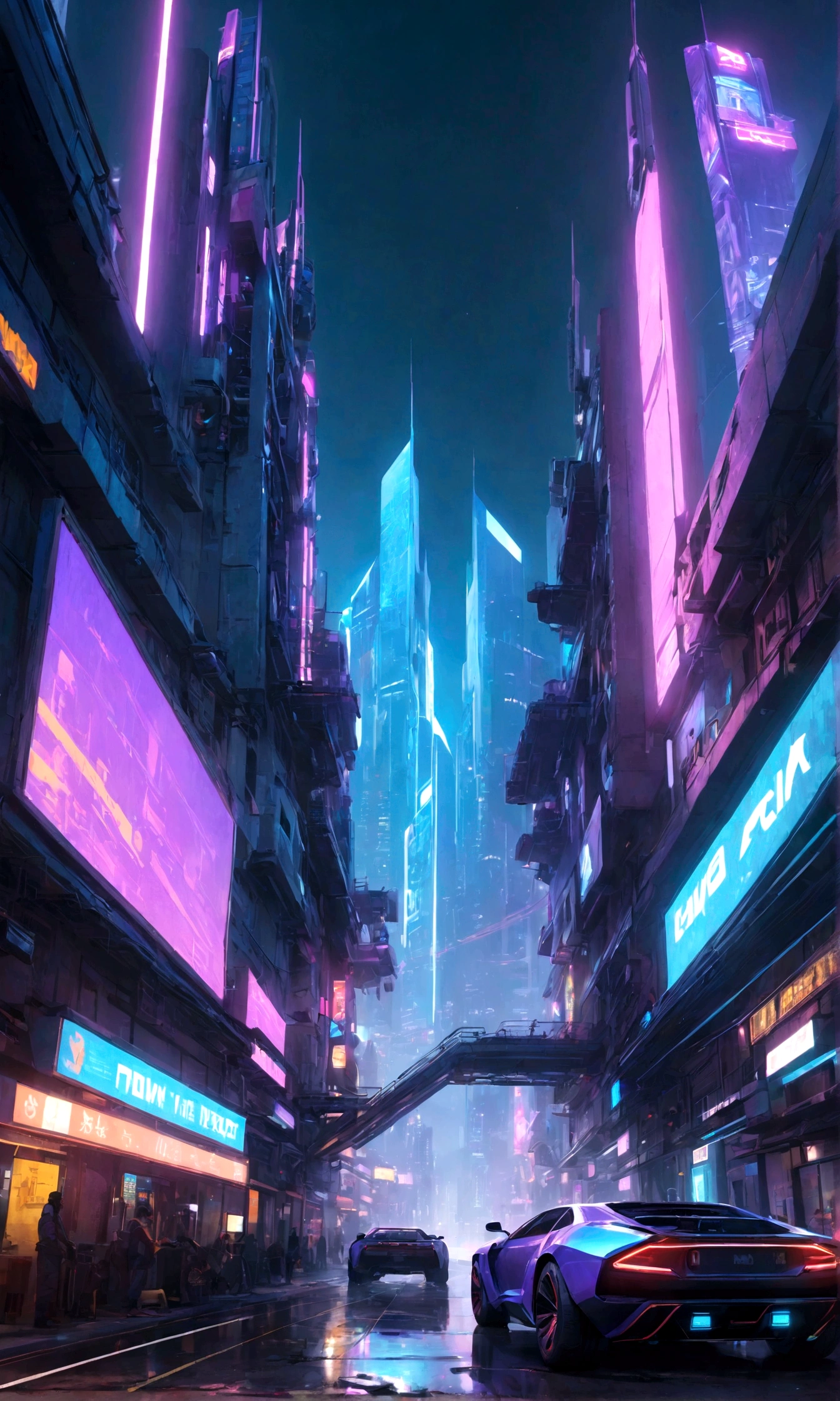 A futuristic city, towering skyscrapers, neon lights, hovercraft, flying cars, advanced technology, cyberpunk, cinematic lighting, moody atmosphere, dramatic shadows, metallic textures, glass and steel, glowing displays, holographic projections, sleek architecture, minimalist design, retrofuturistic aesthetic, cool color palette, blue and purple tones, cinematic angles, dramatic poses, urban exploration, dystopian future, best quality,8k,highres,masterpiece:1.2,ultra-detailed,realistic,photorealistic,photo-realistic:1.37,HDR,UHD,studio lighting,ultra-fine painting,sharp focus,physically-based rendering,extreme detail description,professional,vivid colors,bokeh