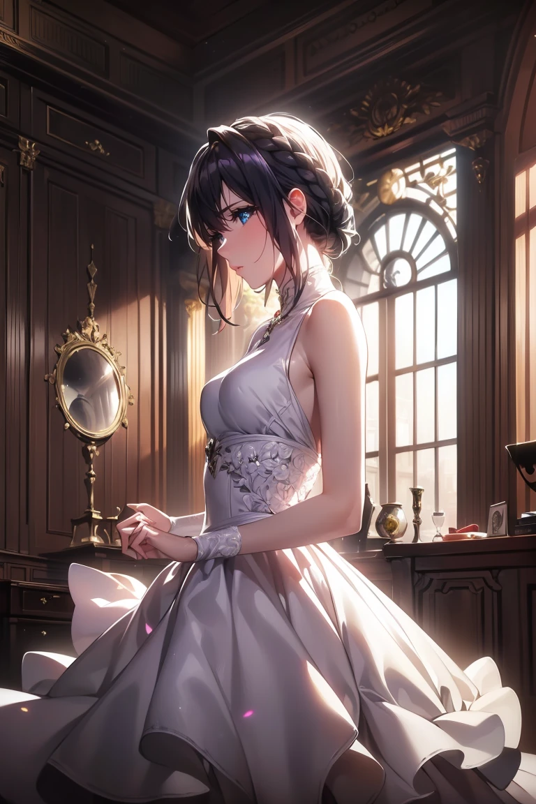 ((((masterpiece, best quality, Ultra-high resolution)))), 1 girl, Strike a pose,（s hair），hair braids，蓝色的Eye，(Luminescence_Eye), Pale skin, Beautiful and delicate face，((Center the composition)， (Wide-angle lens), For the audience, (((Indoor part, Purple and black lights, Black dance silhouette:0.9, carnival:1))) ，((Perfect hands))，Beautiful Lights, background，（（White Dress）），Wedding dress