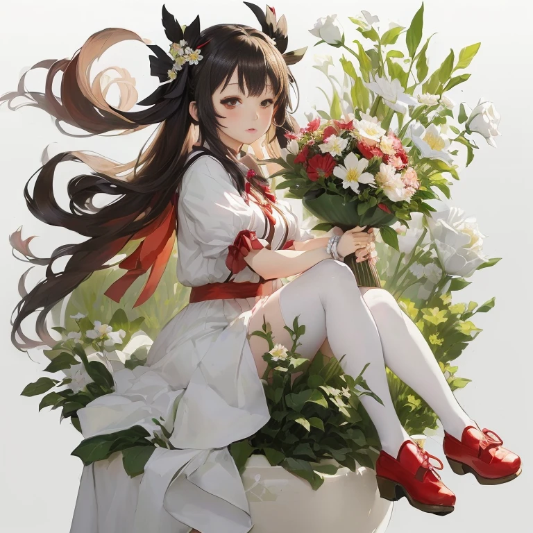 anime girl sitting on a flower pot with flowers in her hand, artistic render of reimu hakurei, with flowers, guweiz on pixiv artstation, guweiz, anime visual of a cute girl, official artwork, guweiz on artstation pixiv, official art,  in dress, (anime girl), kawacy