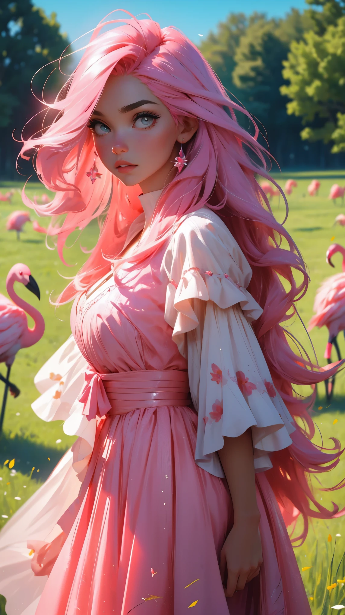 a beautiful girl with long pink hair, a pink dress, standing in a field of pink flamingos, (best quality,4k,8k,highres,masterpiece:1.2),ultra-detailed,(realistic,photorealistic,photo-realistic:1.37),detailed eyes, detailed lips, extremely detailed face, longeyelashes,beautiful pink dress, flowing pink hair, pink flamingos, meadow, natural lighting, vibrant colors, fantasy, magical realism