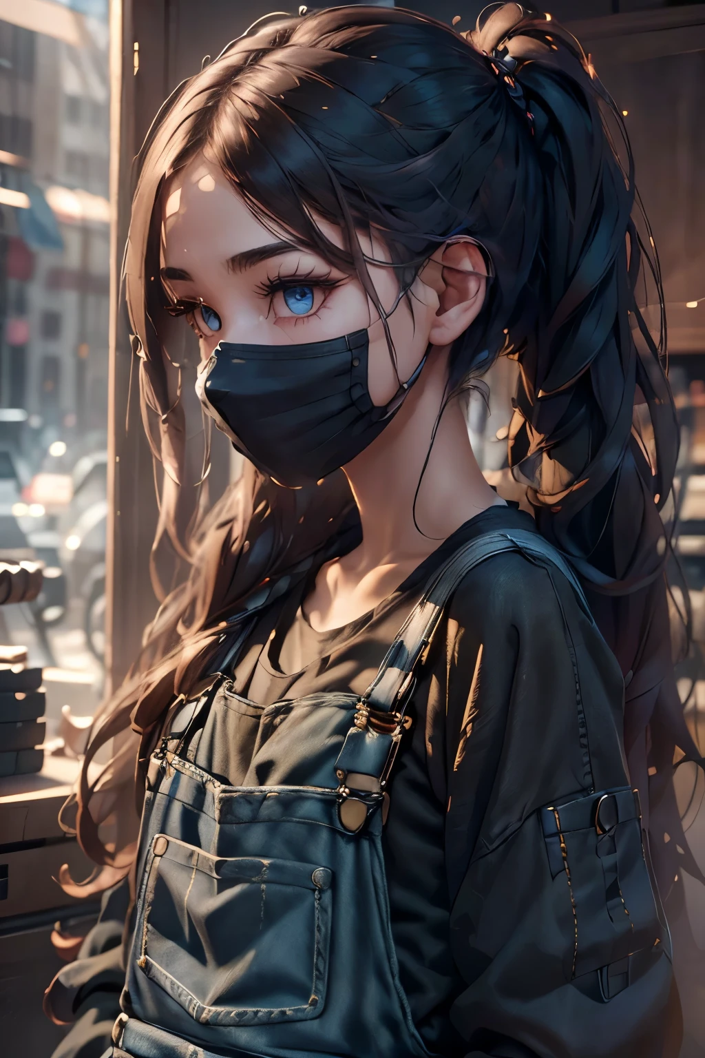 A woman in overalls and a lab coat, with long twin tails, (best quality,4k,8k,highres,masterpiece:1.2),ultra-detailed,(realistic,photorealistic,photo-realistic:1.37),detailed facial features, beautiful detailed eyes, sexy, extremely detailed eyes and face, long eyelashes, science laboratory, advanced technology, futuristic, intricate details, cinematic lighting, warm color palette, dramatic shadows