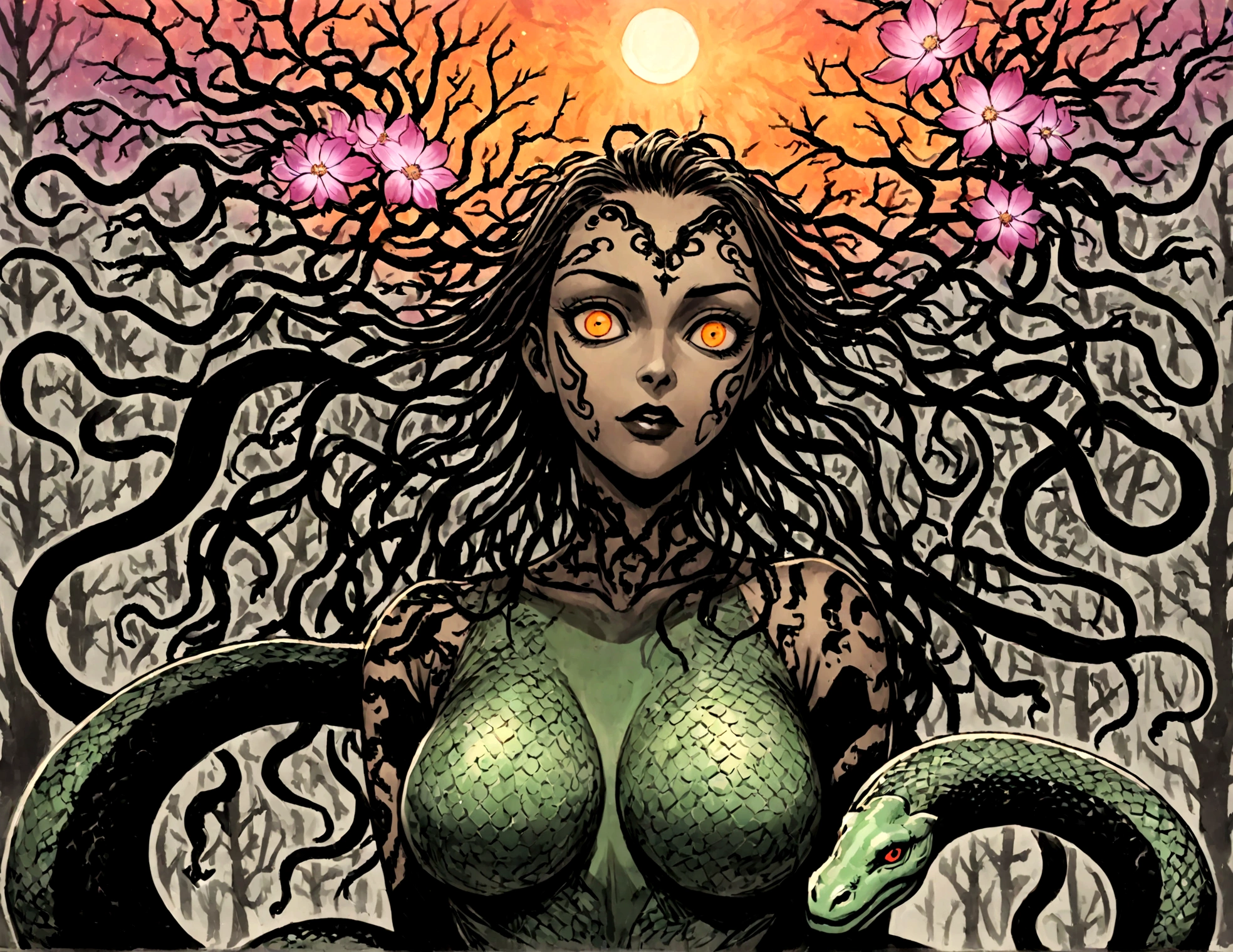 Medusa, splash page decompressed comic cover art, ink style figure, ((expressive Joelle Jones and "Sean Gordon Murphy" comic drawing)), wordless, cinematic poster, abyss void black no visibility darkness, forest green, earth brown), morphology anatomy drawn Frederic Delavier musculature anatomical illustration, (face, ornate black metal corpse paint, resembles Grace Jones), full length portrait, colors, bleak muted deep fiery radiant glowing ROYGBIV, (background, pine barrens, entropy, rewilding, magic hour sunset, galaxy stars, cosmos), candid, snake skin dress, (body, Naga, snakefolk, lower body snake tail, snake woman hybrid, bald, hairless, skeleton, snake skin tattoos, piercing eyes, snake pupils, over the shoulder), craftsmanship nuance, (Gerardo Zaffino charcoal), (horror, abstract, surreal, body, cosmic), subliminal orchids, nyctophobia, silhouette, double exposure, image within image,