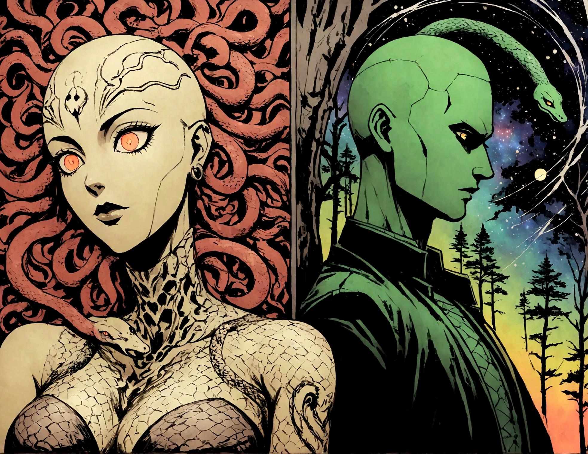 Medusa, splash page decompressed comic cover art, ink style figure, ((expressive Joelle Jones and "Sean Gordon Murphy" comic drawing)), wordless, cinematic poster, abyss void black no visibility darkness, forest green, earth brown), morphology anatomy drawn Frederic Delavier musculature anatomical illustration, (face, ornate black metal corpse paint, resembles Grace Jones), full length portrait, colors, bleak muted deep fiery radiant glowing ROYGBIV, (background, pine barrens, entropy, rewilding, magic hour sunset, galaxy stars, cosmos), candid, snake skin dress, (body, Naga, snakefolk, lower body snake tail, snake woman hybrid, bald, hairless, skeleton, snake skin tattoos, piercing eyes, snake pupils, over the shoulder), craftsmanship nuance, (Gerardo Zaffino charcoal), (horror, abstract, surreal, body, cosmic), subliminal orchids, nyctophobia, silhouette, double exposure, image within image,
