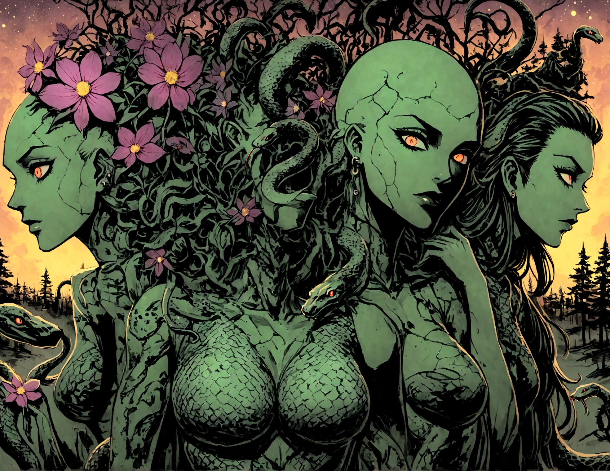Medusa, splash page decompressed comic cover art, ink style figure, ((expressive Joelle Jones and "Sean Gordon Murphy" comic drawing)), wordless, cinematic poster, abyss void black no visibility darkness, forest green, earth brown), morphology anatomy drawn Frederic Delavier musculature anatomical illustration, (face, ornate black metal corpse paint, resembles Grace Jones), full length portrait, colors, bleak muted deep fiery radiant glowing ROYGBIV, (background, pine barrens, entropy, rewilding, magic hour sunset, galaxy stars, cosmos), candid, snake skin dress, (body, Naga, snakefolk, lower body snake tail, snake woman hybrid, bald, hairless, skeleton, snake skin tattoos, piercing eyes, snake pupils, over the shoulder), craftsmanship nuance, (Gerardo Zaffino charcoal), (horror, abstract, surreal, body, cosmic), subliminal orchids, nyctophobia, silhouette, double exposure, image within image,