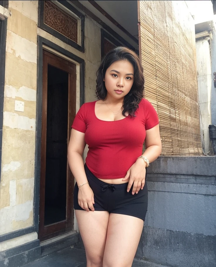 Indonesian woman, thick body, cold atmosphere , thick cheeks , full body , random pose, wavy short hair , thick hips, 40 years old , slightly fat arms , slightly fat belly , thick thighs pants