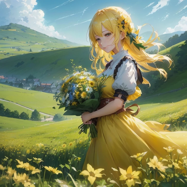 anime girl in yellow dress holding flowers in a field, guweiz, beautiful sunflower anime girl, guweiz on pixiv artstation, rin, guweiz on artstation pixiv, artwork in the style of guweiz, cushart krenz key art feminine, anime art wallpaper 8 k, 4k anime wallpaper, anime art wallpaper 4k