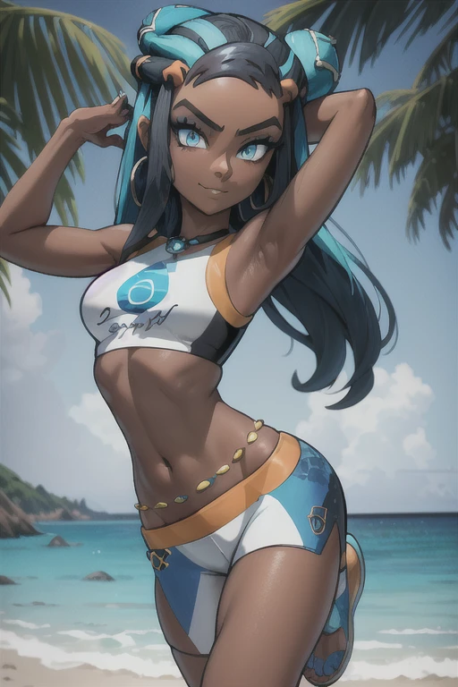 masterpiece, best quality, highly detailed, (Detailed face:1.2), (Detailed eyes:1.2), 1girl, solo, (nessa_pokemon:1.3), dark-skinned female, dark skin, blue eyes, aqua eyes, long hair, black hair, blue hair, aqua hair, multicolored hair, two-tone hair, hair bun, single hair bun, eyeshadow, slim feminine figure, arrogant smile, shorts, crop top, tankini, belly chain, single glove, midriff, sandals, , Hand lifting one leg, Detailed legs, flexible, (Standing on one leg:1.2), (standing split:1.3), Hand lifting one leg, stretching, posing, cowboy shot, cinematic composition, (Background: outdoors, day time, beach town, view of the ocean)
