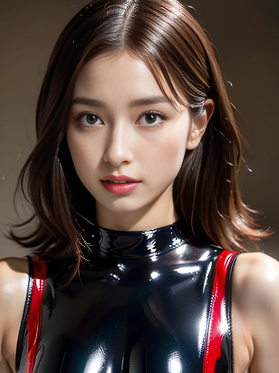 (((32K,very high res, high detailing, highly accurate,Masterpiece Girl 1))),Raw & realistic atmosphere,beautiful dark brown eyes,Detailed mouth,Glossy lips,Detailed eyebrows,Soft white skin that shines with every detail,,Eyes drawn in detail、Very beautiful eyes with azure eyes,Detailed lips、Very beautiful face,Very well-formed face、Lifelike face,shiny beautiful lips,Beautiful eyebrows,Infinite reality,Best design, ((Latex Bodysuit Red))