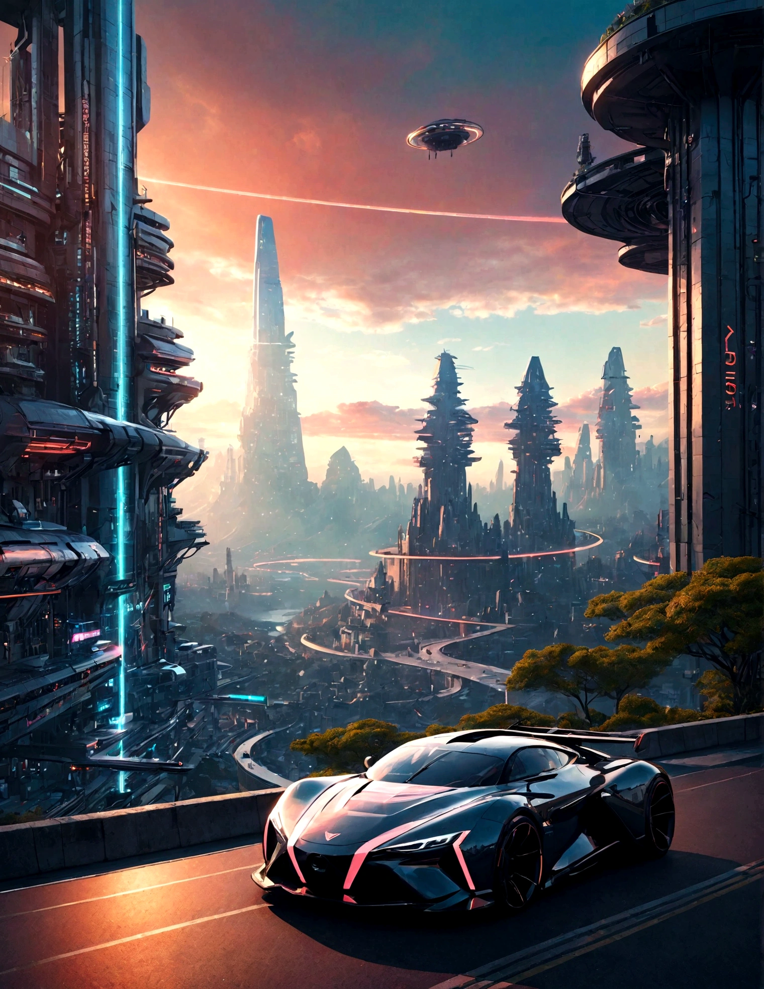 A futuristic city, towering skyscrapers, neon lights, hovercraft, flying cars, advanced technology, cyberpunk, cinematic lighting, moody atmosphere, dramatic shadows, metallic textures, glass and steel, glowing displays, holographic projections, sleek architecture, minimalist design, retrofuturistic aesthetic, cool color palette, blue and purple tones, cinematic angles, dramatic poses, urban exploration, dystopian future, best quality,8k,highres,masterpiece:1.2,ultra-detailed,realistic,photorealistic,photo-realistic:1.37,HDR,UHD,studio lighting,ultra-fine painting,sharp focus,physically-based rendering,extreme detail description,professional,vivid colors,bokeh