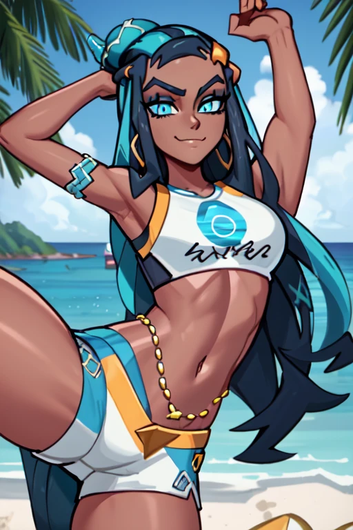 masterpiece, best quality, highly detailed, (Detailed face:1.2), (Detailed eyes:1.2), 1girl, solo, (nessa_pokemon:1.3), dark-skinned female, dark skin, blue eyes, aqua eyes, long hair, black hair, blue hair, aqua hair, multicolored hair, two-tone hair, hair bun, single hair bun, eyeshadow, slim feminine figure, arrogant smile, shorts, crop top, tankini, belly chain, single glove, midriff, sandals, , Hand lifting one leg, Detailed legs, flexible, (Standing on one leg:1.2), (standing split:1.3), Hand lifting one leg, stretching, posing, cowboy shot, cinematic composition, (Background: outdoors, day time, beach town, view of the ocean)
