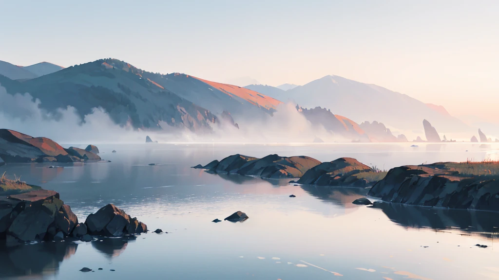 background, Beautiful, minimalist background, Quiet mist sea scene, ((background:1.5))