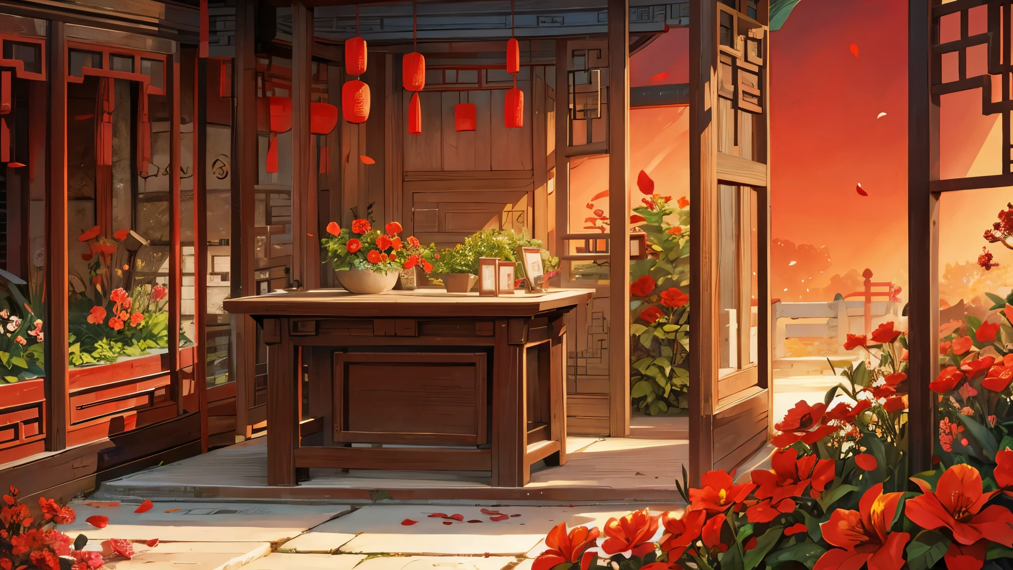 ancient china red flower garden