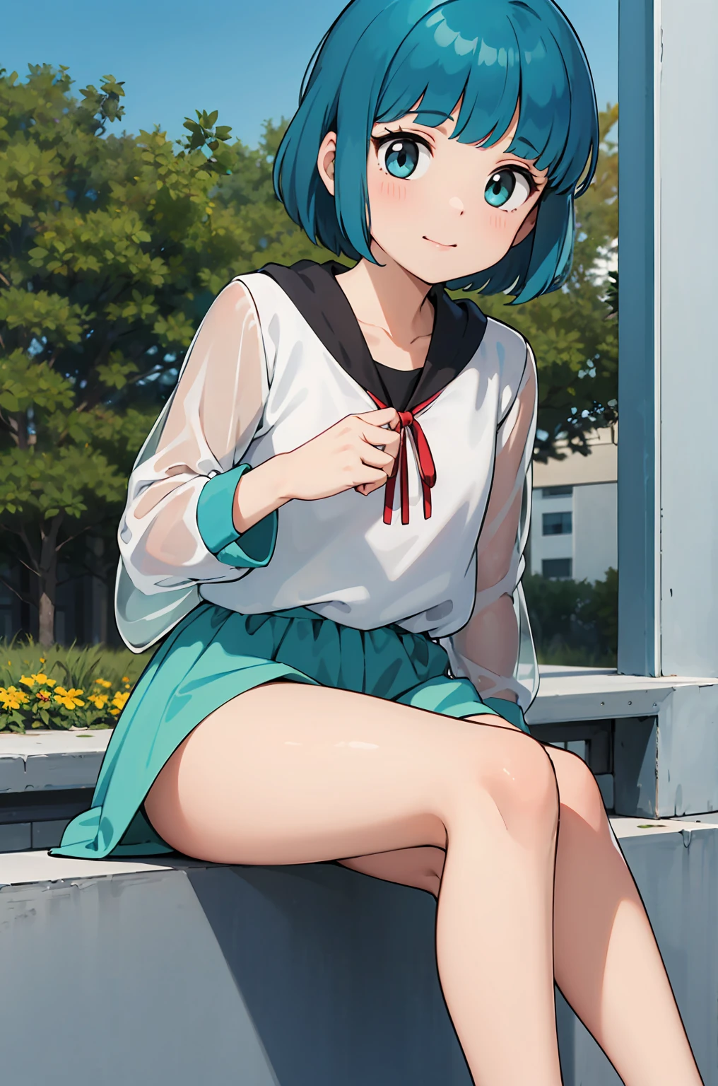 masterpiece, best quality, 1girl, solo,outdoor,
 morisawa, see-through,turquoise blue hair,