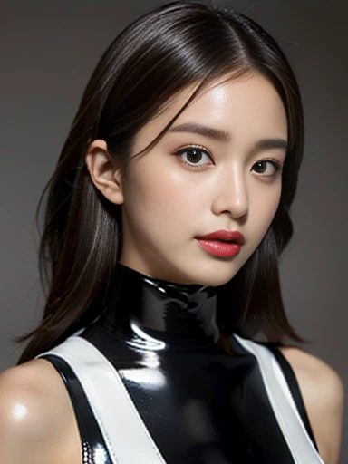(((32K,very high res, high detailing, highly accurate,Masterpiece Girl 1))),Raw & realistic atmosphere,beautiful dark brown eyes,Detailed mouth,Glossy lips,Detailed eyebrows,Soft white skin that shines with every detail,,Eyes drawn in detail、Very beautiful eyes with azure eyes,Detailed lips、Very beautiful face,Very well-formed face、Lifelike face,shiny beautiful lips,Beautiful eyebrows,Infinite reality,Best design, ((Latex Bodysuit Red))