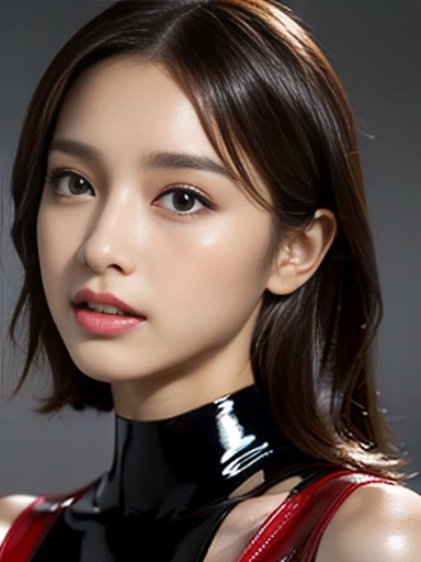 (((32K,very high res, high detailing, highly accurate,Masterpiece Girl 1))),Raw & realistic atmosphere,beautiful dark brown eyes,Detailed mouth,Glossy lips,Detailed eyebrows,Soft white skin that shines with every detail,,Eyes drawn in detail、Very beautiful eyes with azure eyes,Detailed lips、Very beautiful face,Very well-formed face、Lifelike face,shiny beautiful lips,Beautiful eyebrows,Infinite reality,Best design, ((Latex Bodysuit Red))