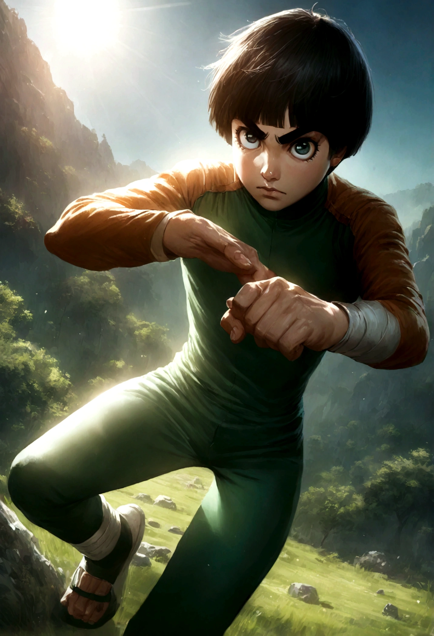 Hyper realistic art Rock Lee, 1boy skinny, fighter pose, outside in the sun and nature . Extremely high-resolution details, photographic, realism pushed to extreme, fine texture, incredibly lifelike