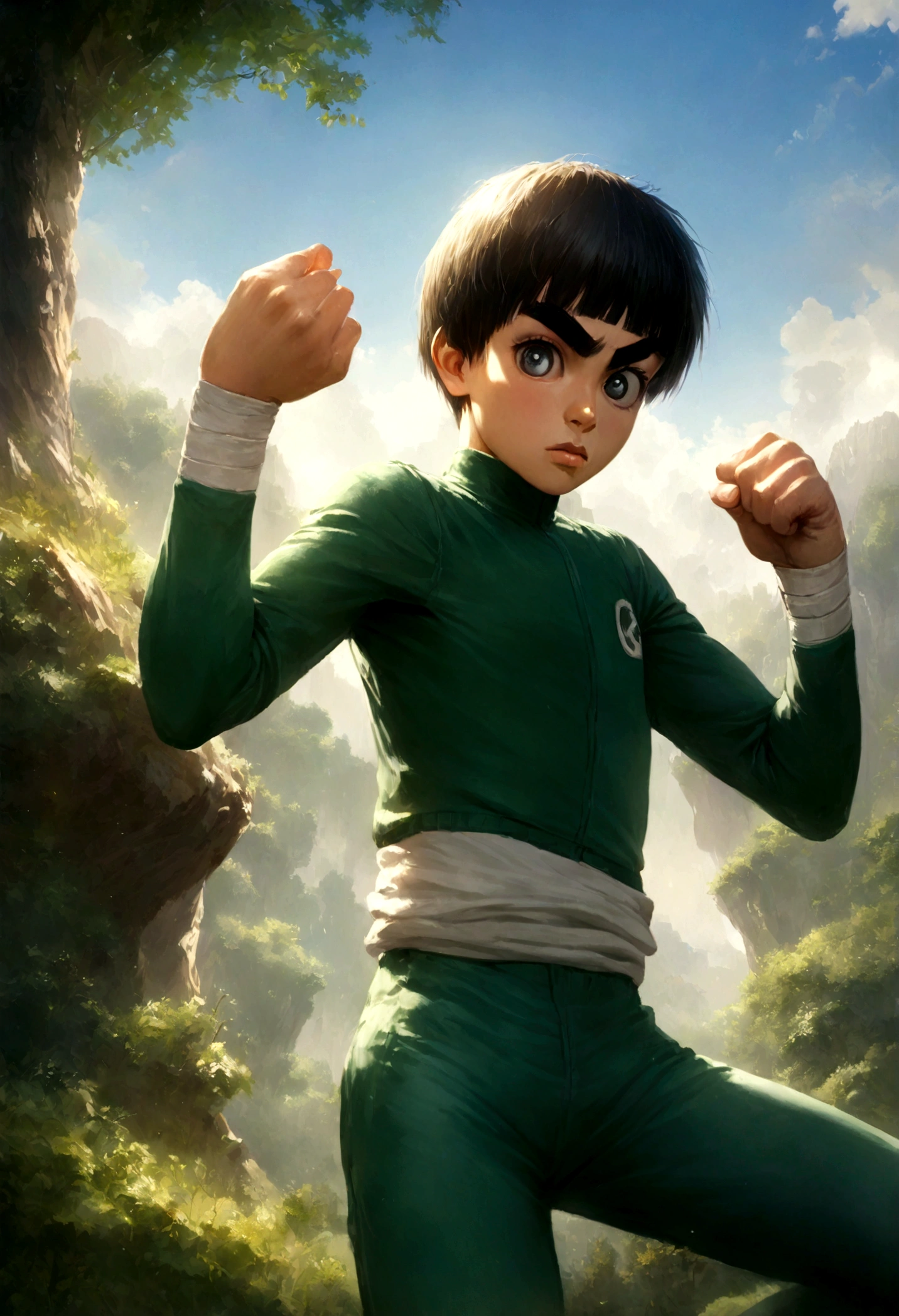 Hyper realistic art Rock Lee, 1boy skinny, fighter pose, outside in the sun and nature . Extremely high-resolution details, photographic, realism pushed to extreme, fine texture, incredibly lifelike