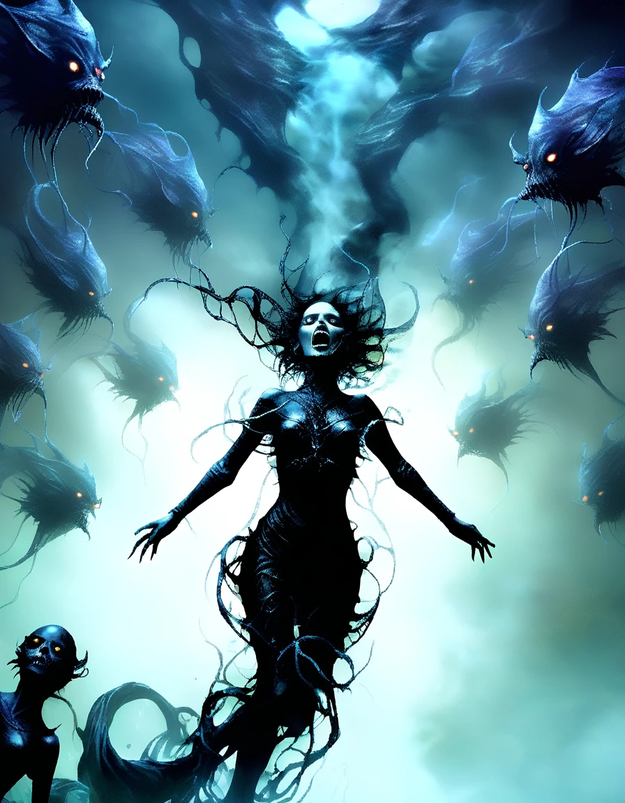 A young beautiful woman layng in a pond that glows with spectral blue light,full of writhing entities lurking benaeth, she float on her back looking up into a mirth levitating overhead were a dark writhing cluster of tightly grouped0 monsterous cosmic entities Breach the darkness, decending down upon the woman, like a tornado of demonic riddled dark matter, entering her wide agape mouth like reverse smoke, horrifyingly visceral,imaginative, brooding, unnerving imagery, nightmarish,hyperstylized horror-fantasy,hyper detailed,hypersexual,demented,hypercolorful sick-pop, masterpeice,amaizing light effects, Best quality digital art rendering, best HD clarity high resolution, best contrasting, horrifying, perverse image, appalling body possesion, morbid ominous, Brom, BAK , Paul Booth, Ryan Ashley, hyper fantasy frightening,hardcore, anatomy unraveling, molecular infestation, demon insertion, evil, host posession, jarring expression, spread legs, creatures swimming in the glass clear pond, some rising breaching the surface, threatening.