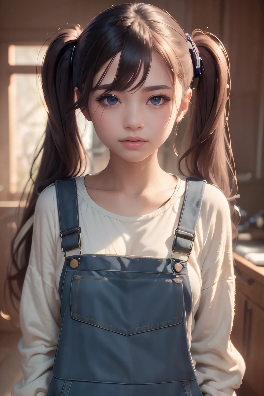 A woman in overalls and a lab coat, with long twin tails, (best quality,4k,8k,highres,masterpiece:1.2),ultra-detailed,(realistic,photorealistic,photo-realistic:1.37),detailed facial features, beautiful detailed eyes, sexy, extremely detailed eyes and face, long eyelashes, science laboratory, advanced technology, futuristic, intricate details, cinematic lighting, warm color palette, dramatic shadows