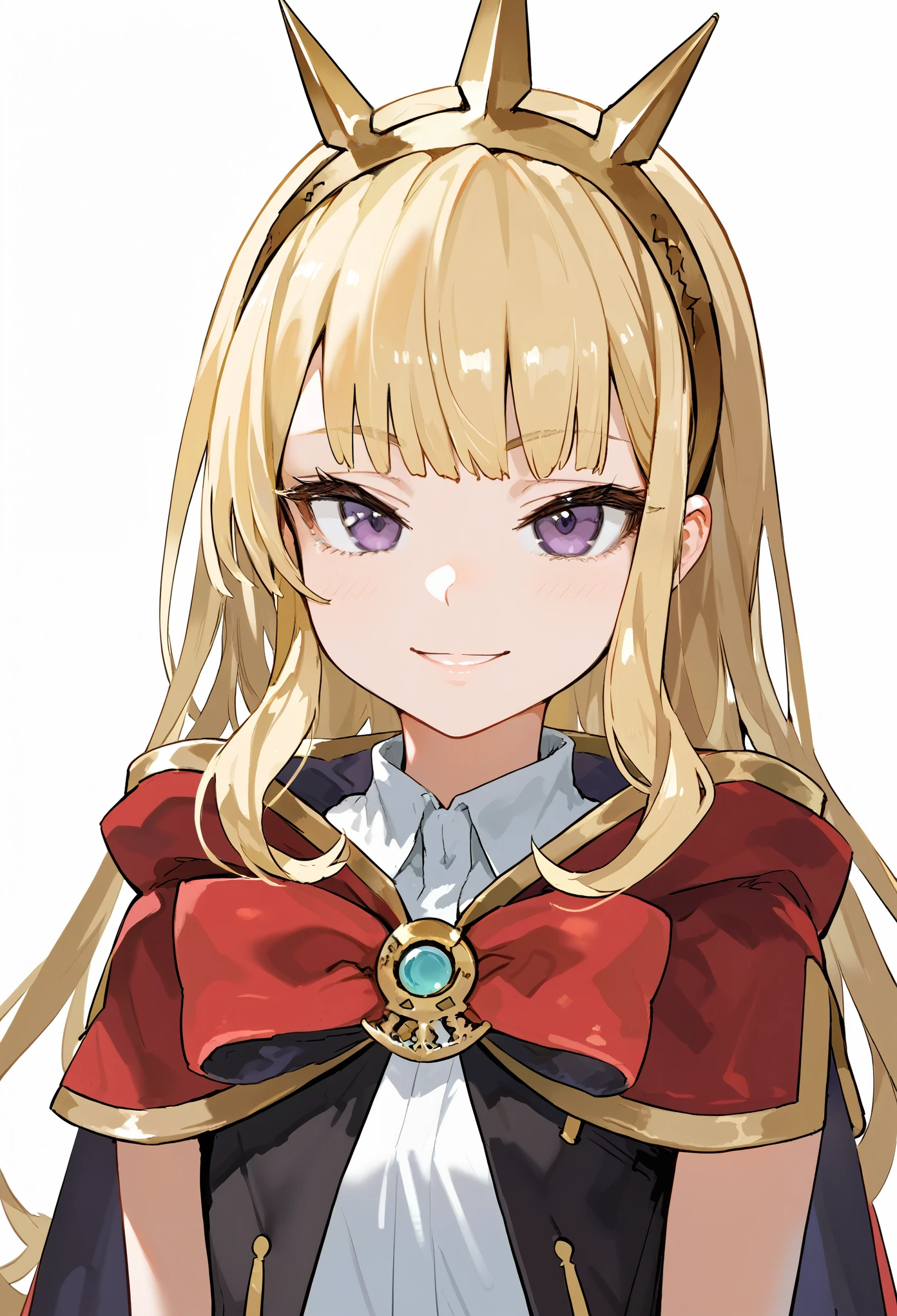 (score_9, score_8_up, score_7_up), asanagi style, 1girl, solo, gbf-cagliostro, Cagliostro, long blonde hair, dark purple eyes, hairband, crown, black thighhighs, red bow, red skirt, cape, white shirt, looking at viewer, neutral, smile, upper body, portrait, white background, simple background