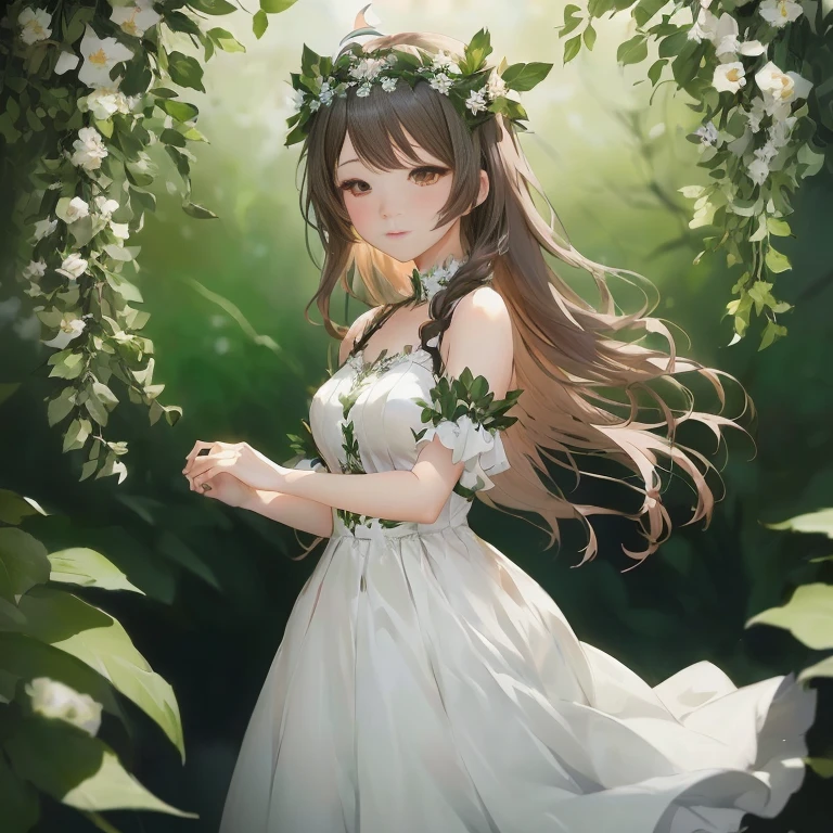 anime girl in white dress with flowers in her hair, cute anime waifu in a nice dress, guweiz on pixiv artstation, beautiful anime girl,  in dress, guweiz on artstation pixiv, beautiful anime, beautiful anime portrait, beautiful anime art, beautiful maiden, guweiz, kawacy, (anime girl), anime wallaper