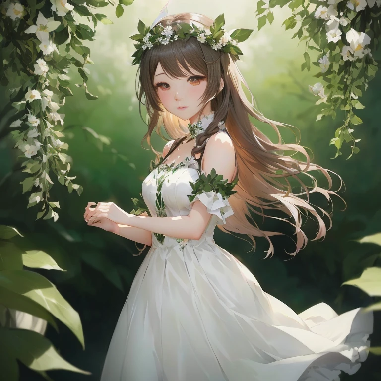 anime girl in white dress with flowers in her hair, cute anime waifu in a nice dress, guweiz on pixiv artstation, beautiful anime girl, in dress, guweiz on artstation pixiv, beautiful anime, beautiful anime portrait, beautiful anime art, beautiful maiden, guweiz, kawacy, (anime girl), anime wallaper