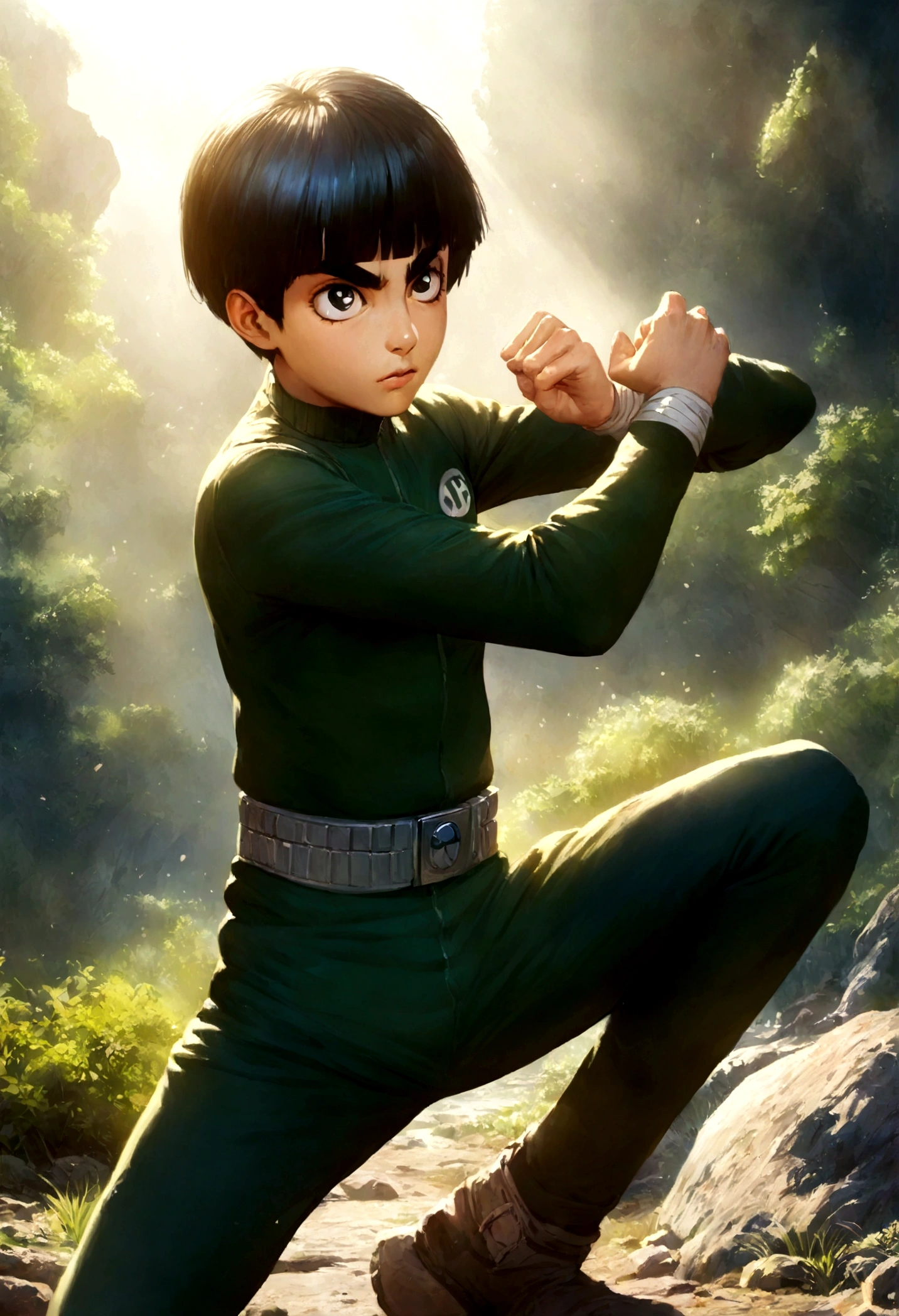 Hyper realistic art Rock Lee, power up white eyes, 1boy skinny, fighter pose, outside in the sun and nature . Extremely high-resolution details, photographic, realism pushed to extreme, fine texture, incredibly lifelike